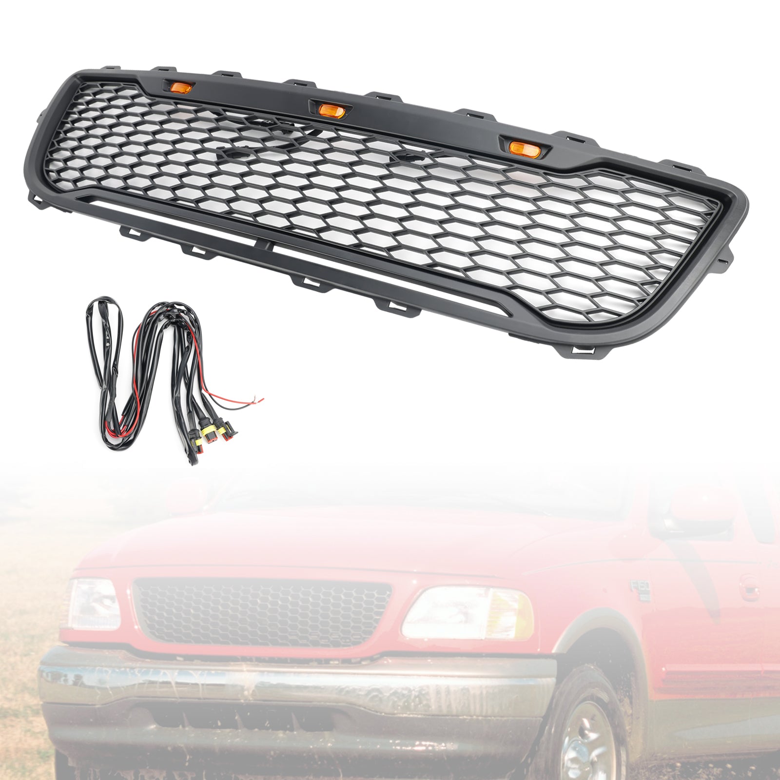 Przednia siatka zderzaka w Matt Black Honeycomb Raptor dla Forda F150 1999-2003 z LED