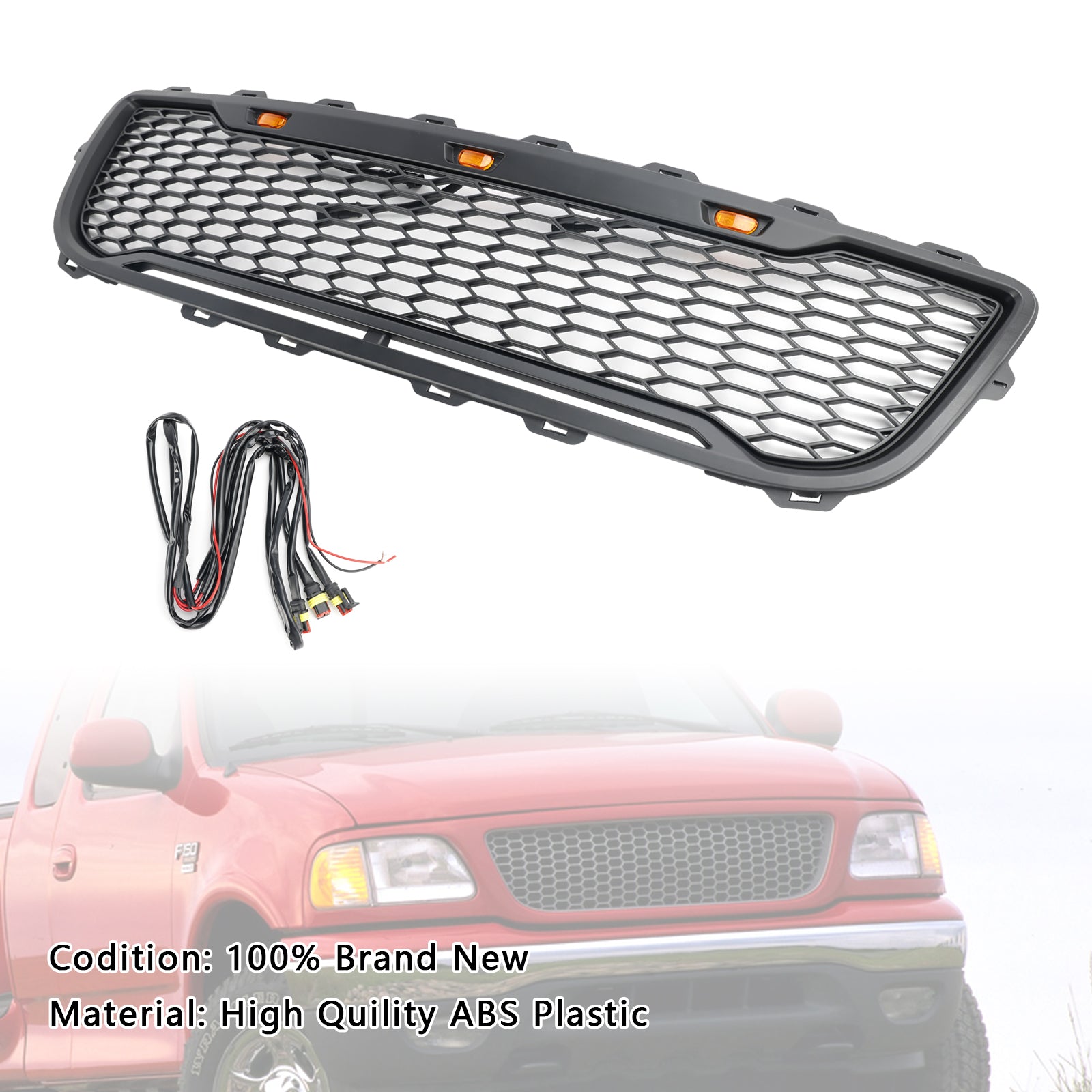 Przednia siatka zderzaka w Matt Black Honeycomb Raptor dla Forda F150 1999-2003 z LED