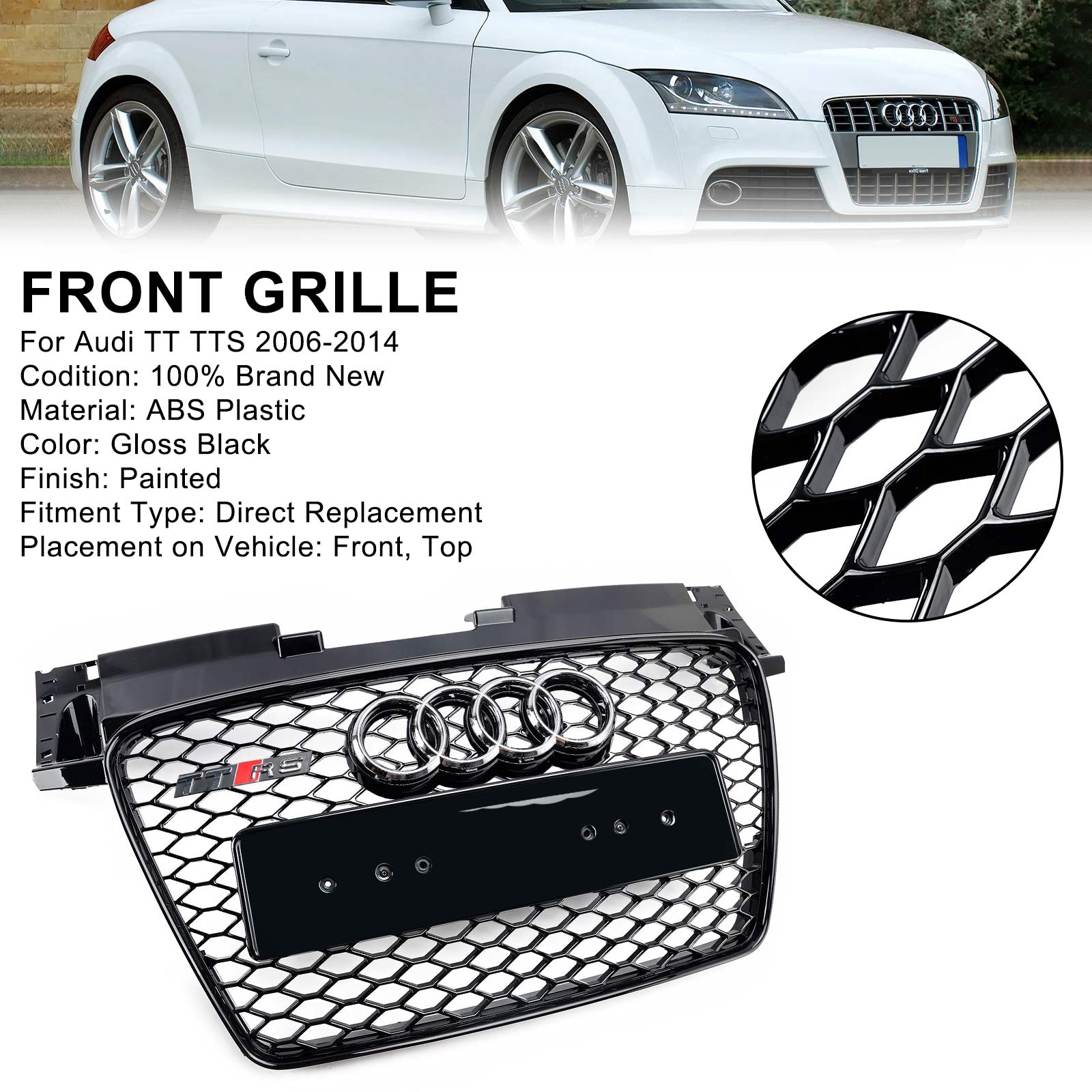 Rejilla frontal de panal negra brillante estilo Audi TT TTS RS 2006-2014