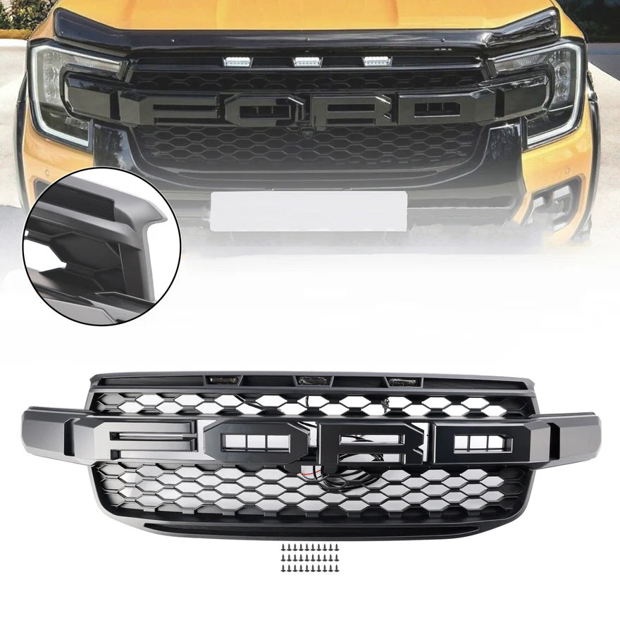 Grid delantero negro Ford Ranger Wildtrak 2023-2024 T9 con iluminación blanca y logotipo de Ford