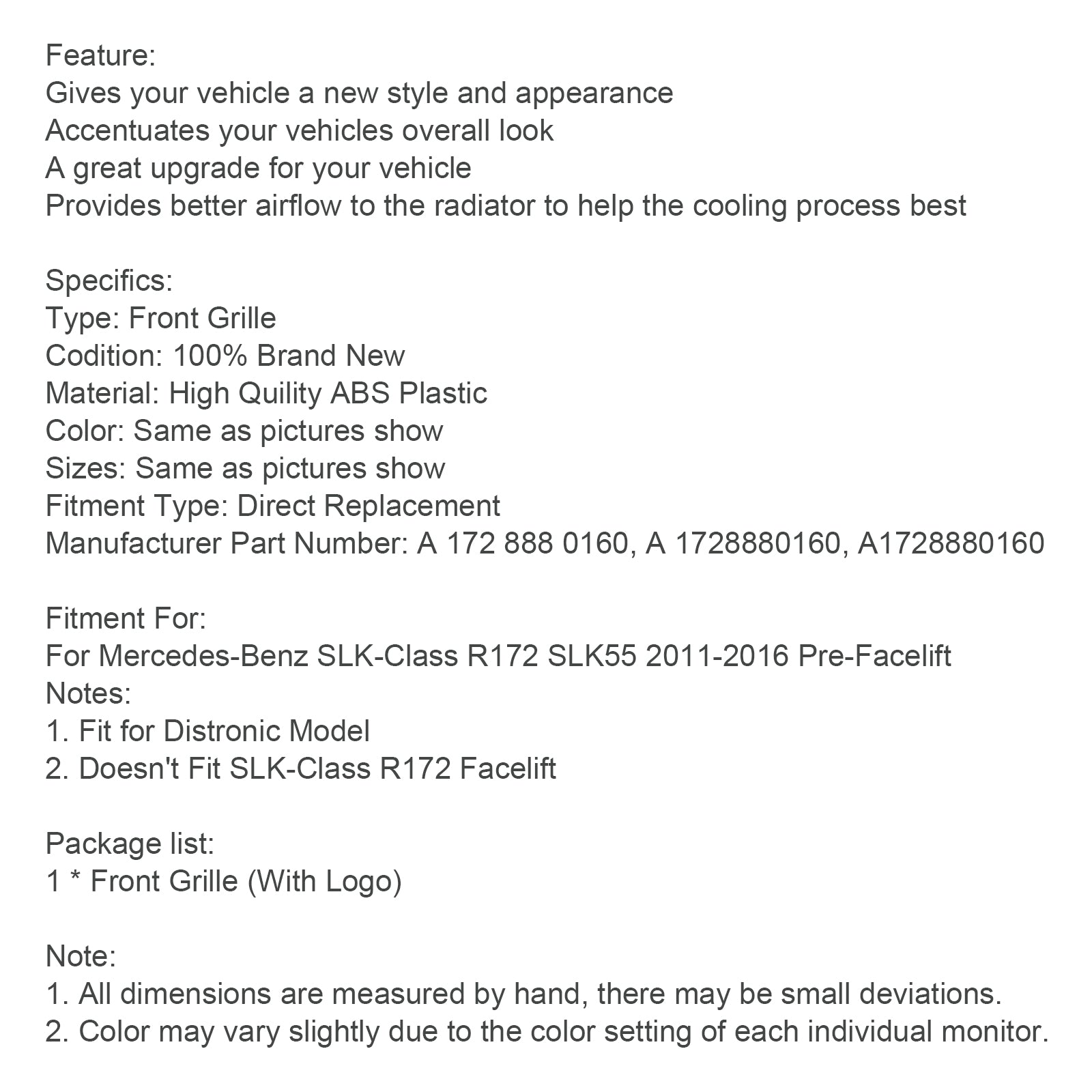 Chrome Front Radiator Grill Grill voor Mercedes SLK-Klasse R172 SLK55 2011-2016