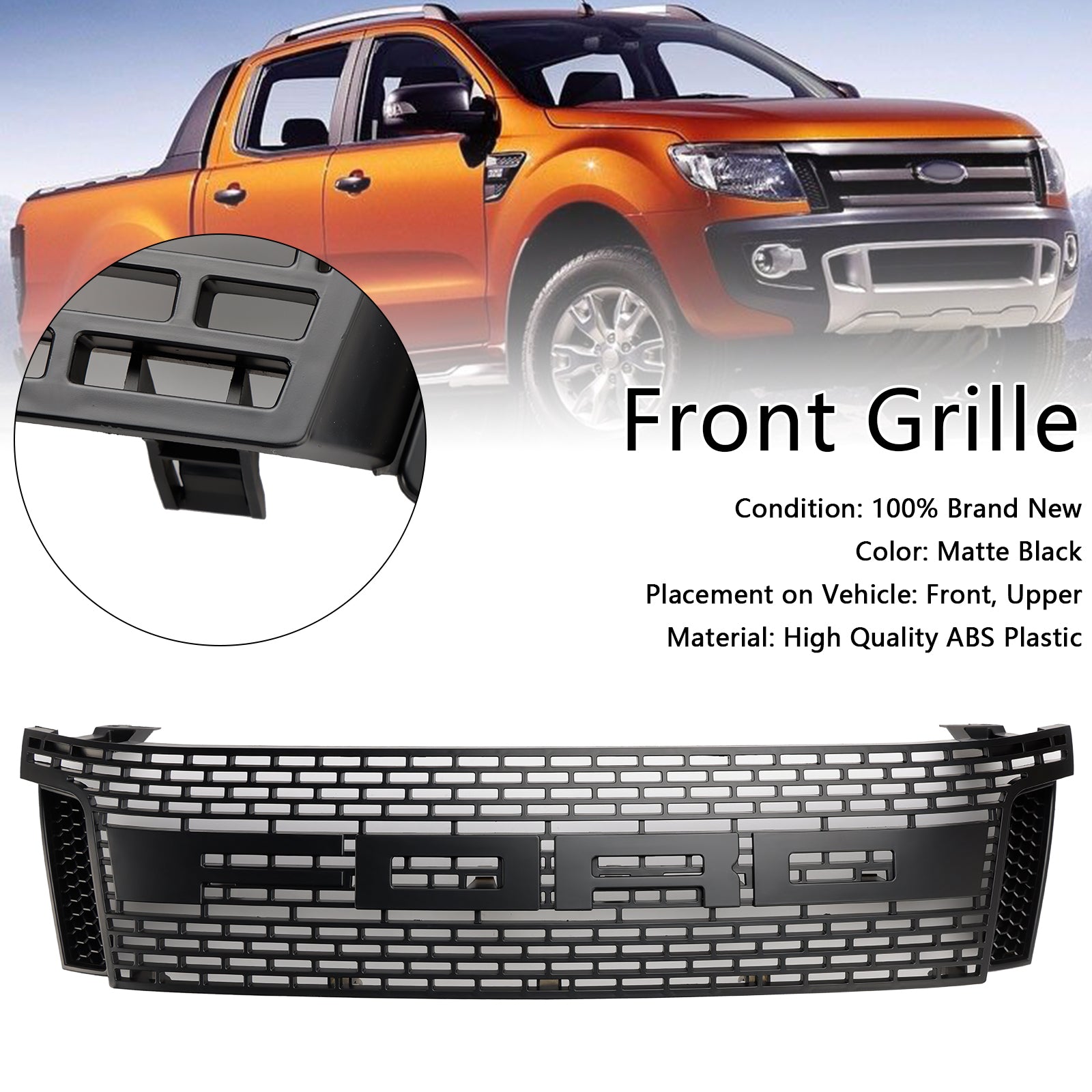 2012-2015 Ford Ranger T6 PX1 Raptor Front Grill Zgornji odbijač črne črne rešetke z LED lučmi
