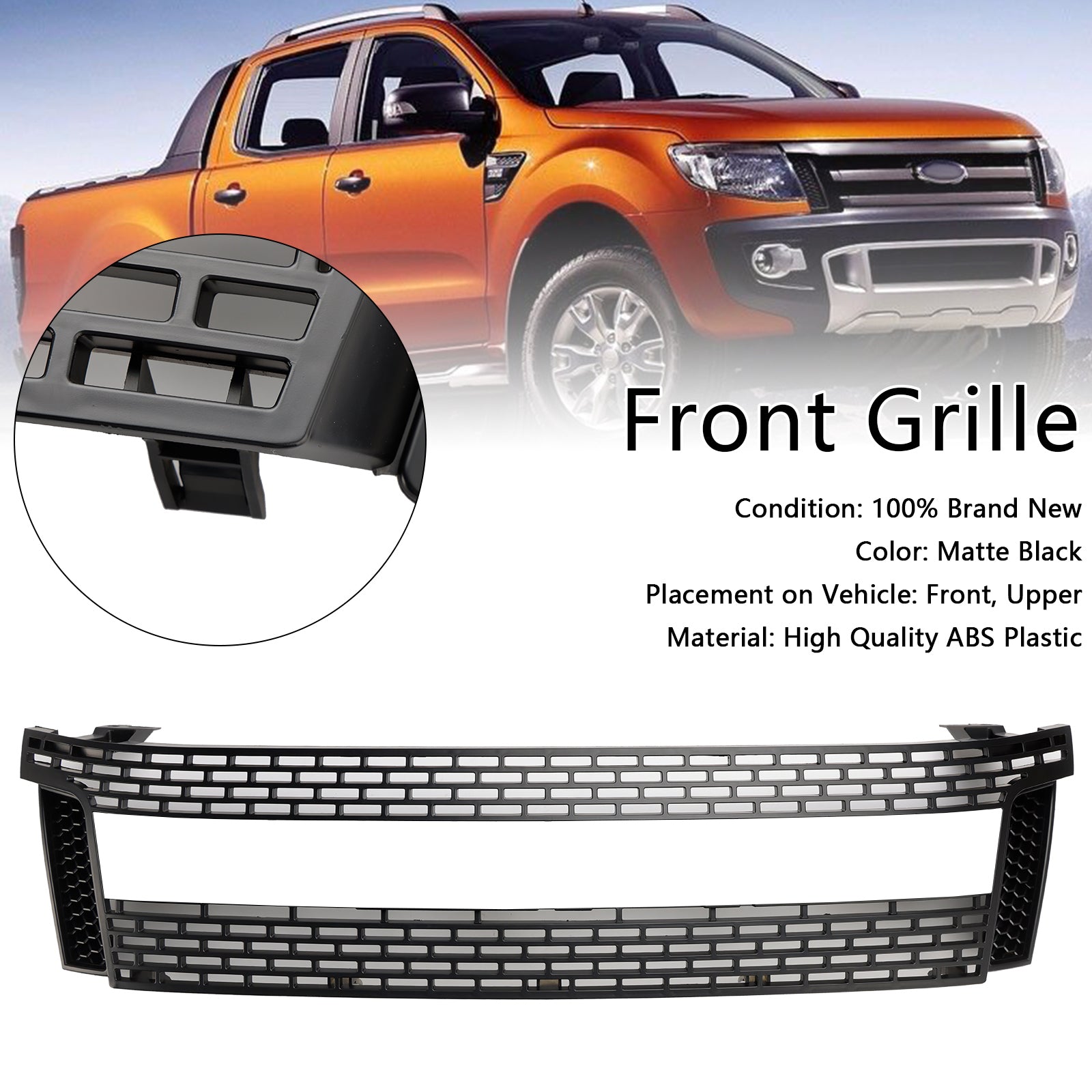 2012-2015 Ford Ranger T6 PX1 Raptor sprednja rešetka, zgornji odbijač, mat črna zamenjava rešetke z LED lučmi