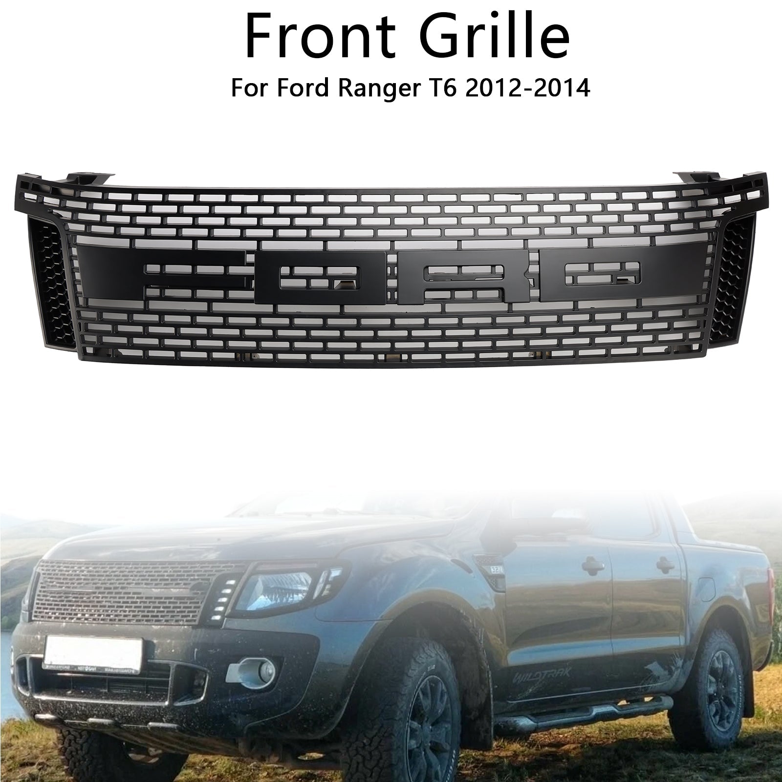 2012-2015 Ford Ranger T6 PX1 Raptor Front Grill Zgornji odbijač črne črne rešetke z LED lučmi