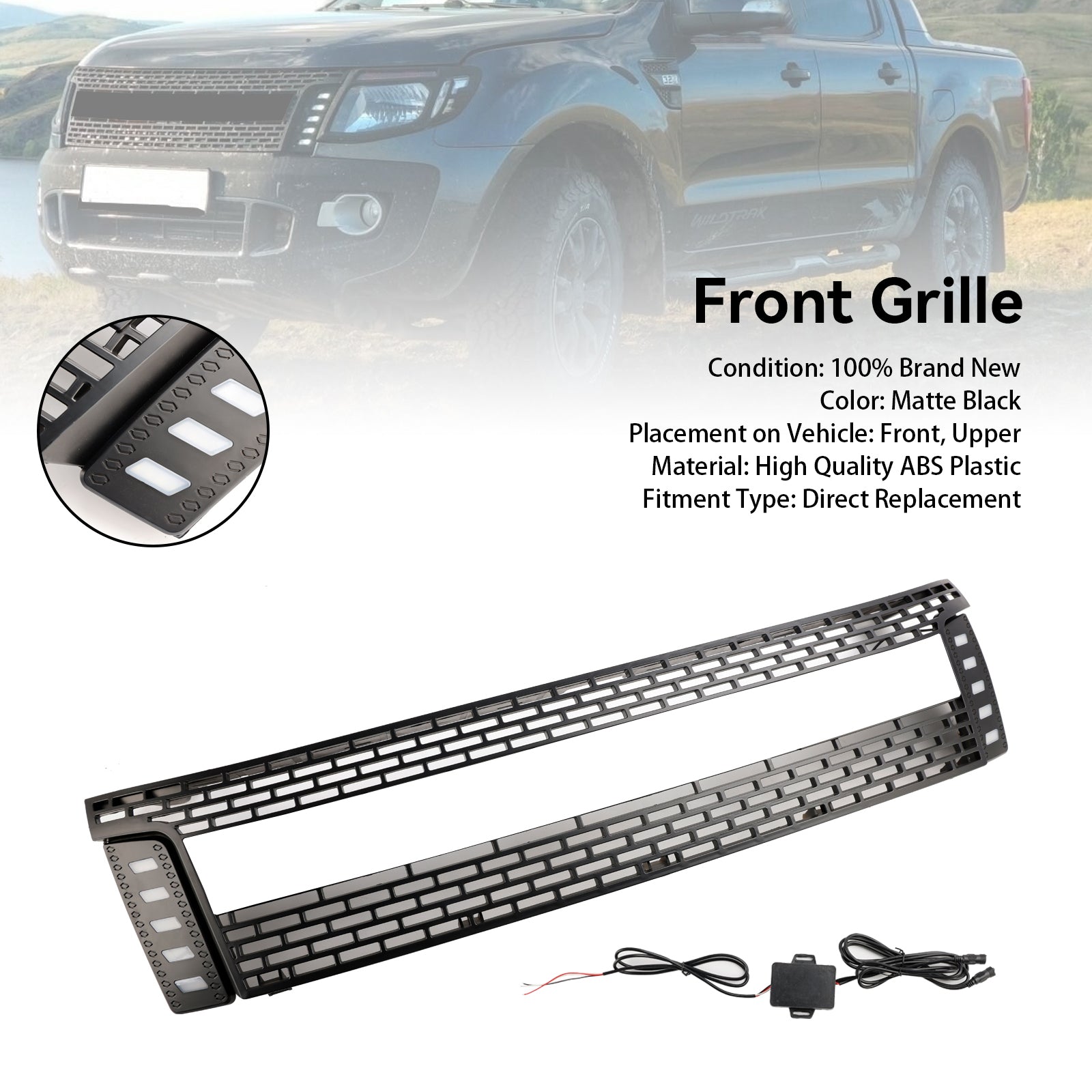 2012-2015 Ford Ranger T6 PX1 Raptor sprednja rešetka, zgornji odbijač, mat črna zamenjava rešetke z LED lučmi