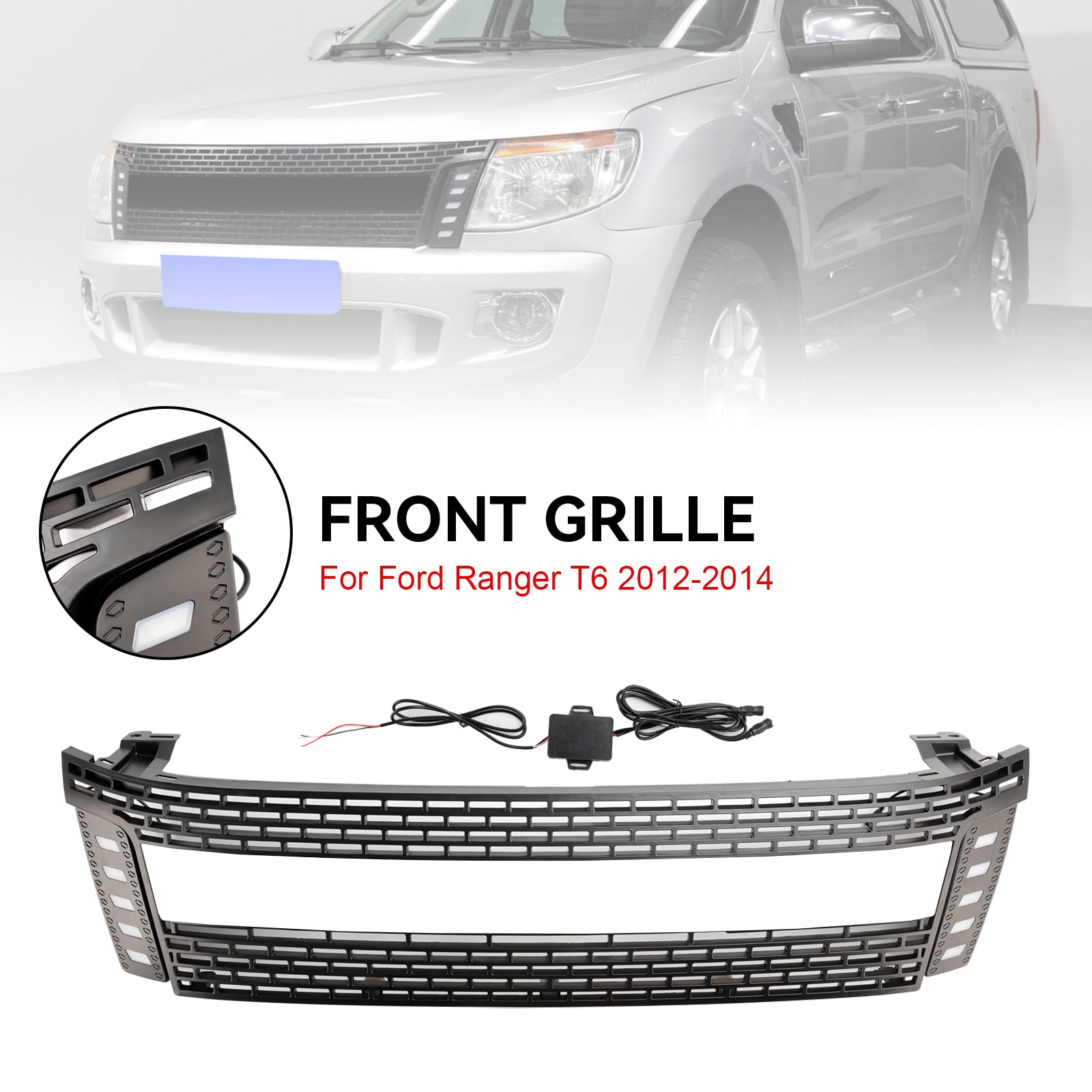 2012-2015 Ford Ranger T6 PX1 Raptor sprednja rešetka, zgornji odbijač, mat črna zamenjava rešetke z LED lučmi