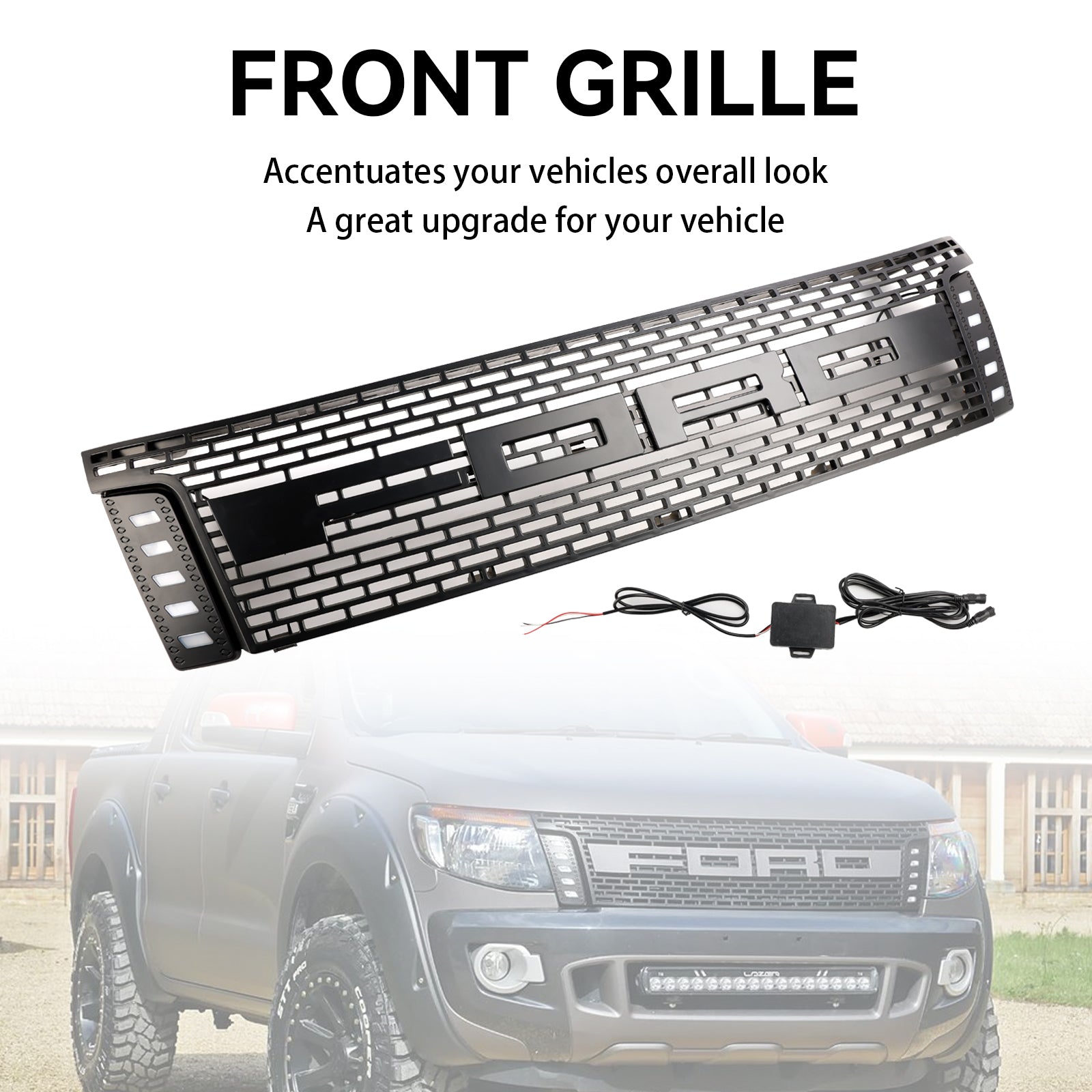 2012-2015 Ford Ranger T6 PX1 Raptor Front Grill Zgornji odbijač črne črne rešetke z LED lučmi