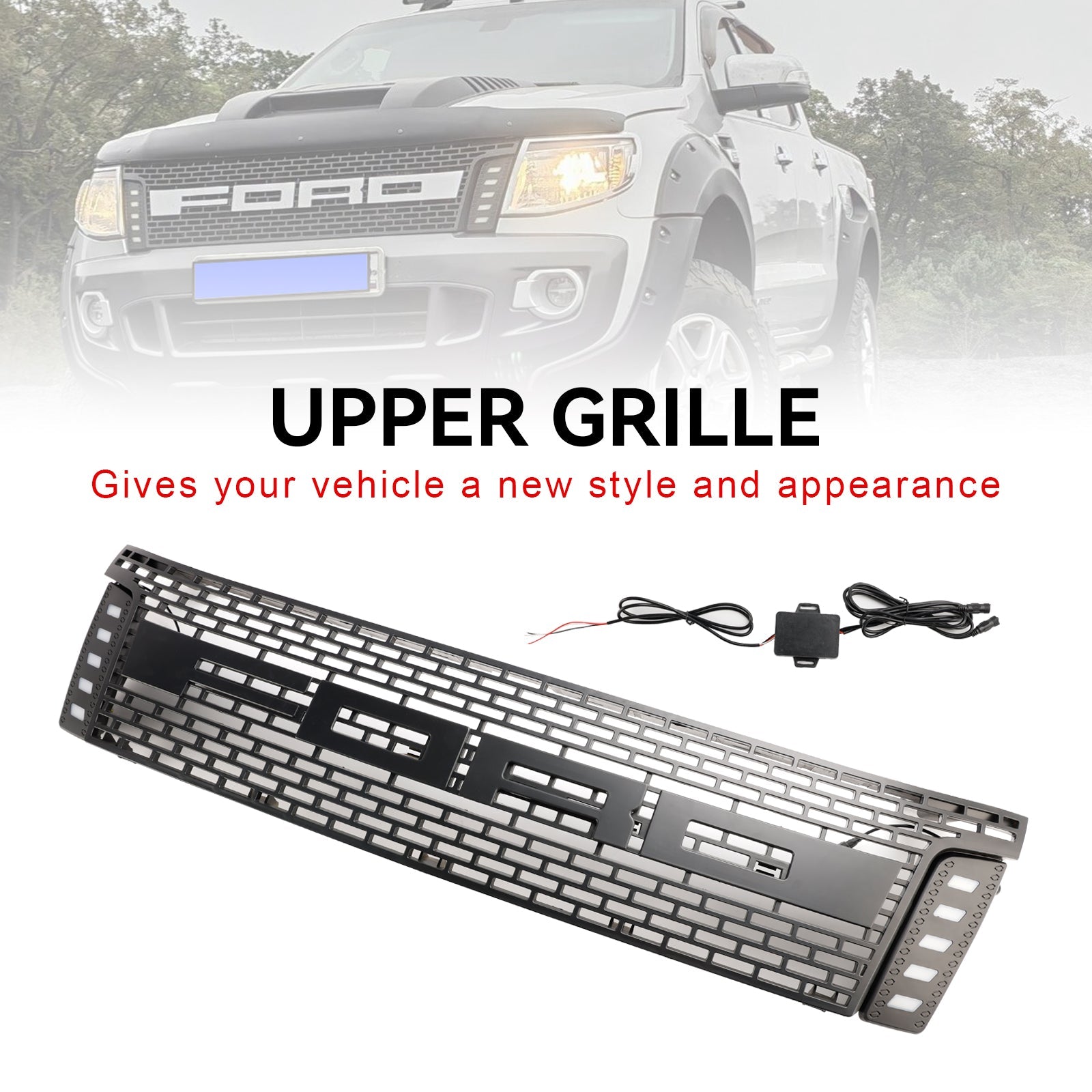 2012-2015 Ford Ranger T6 PX1 Raptor Front Grill Zgornji odbijač črne črne rešetke z LED lučmi