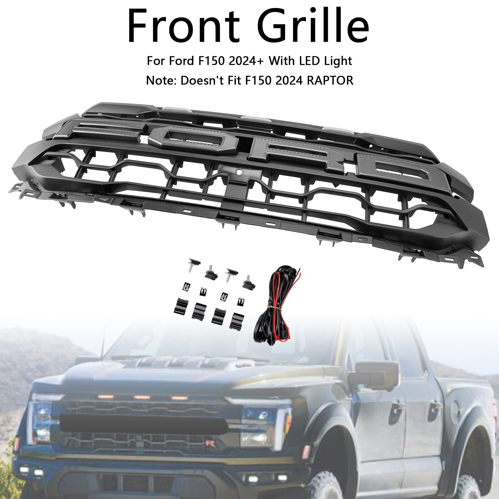 Cuadrícula de parachoques delantero LED negro para Ford F150 2024+