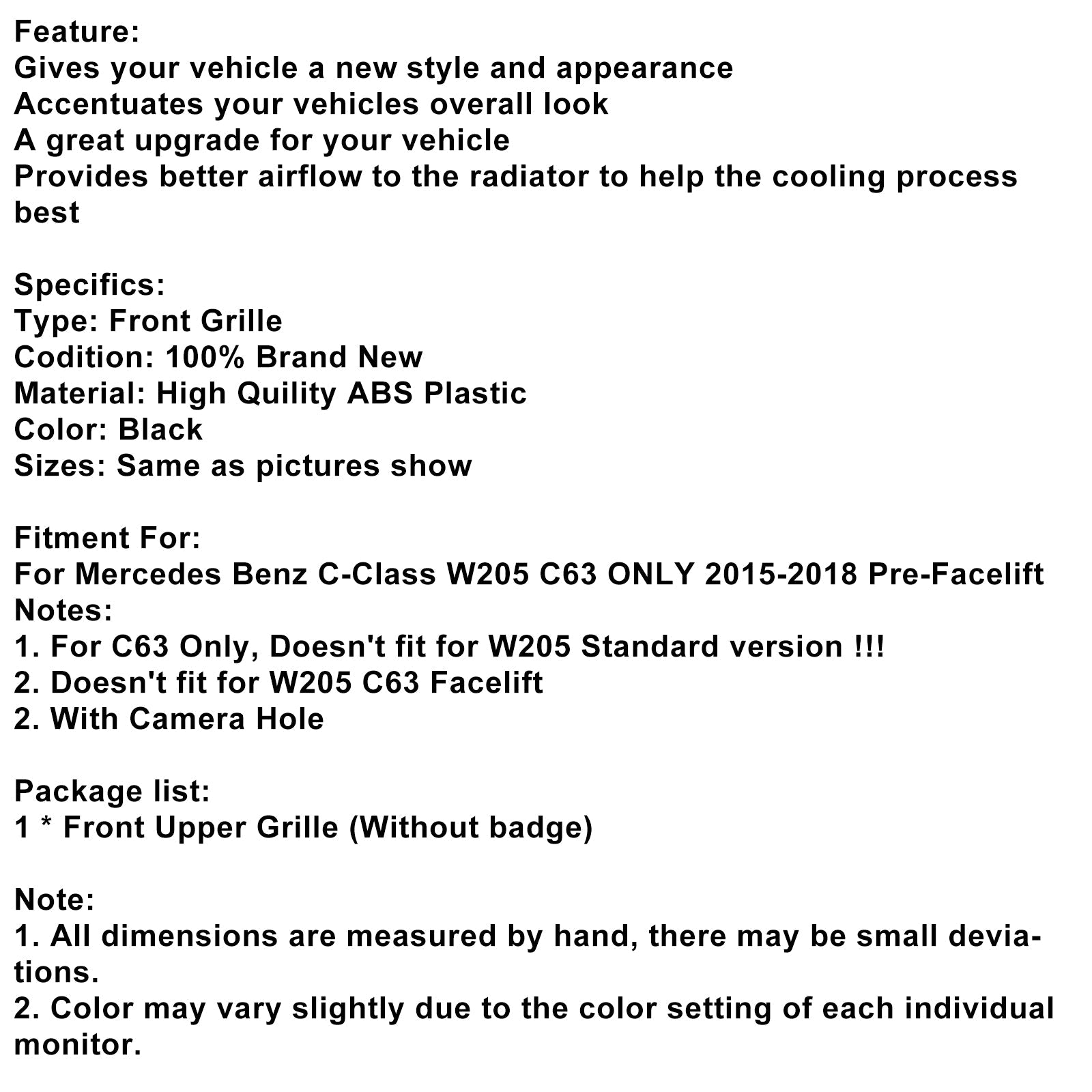 Grille de pare-chocs avant pré-lifting Mercedes Benz W205 C63 2015-2018