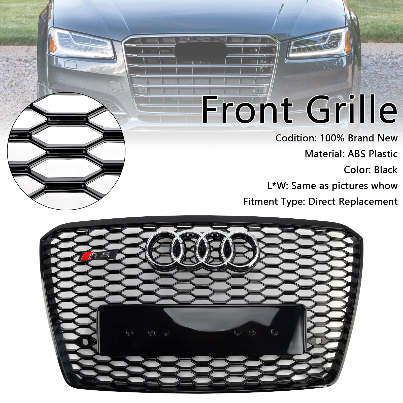 Grille de pare-chocs avant style nid d'abeille noire pour Audi A8 S8 RS8 2015-2017