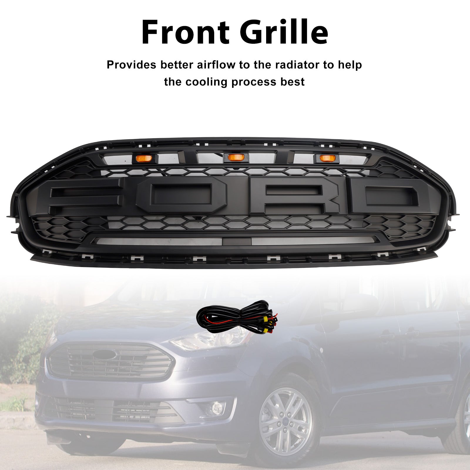 Grille de pare-chocs avant noire avec LED pour Ford Transit Connect 2019-2023