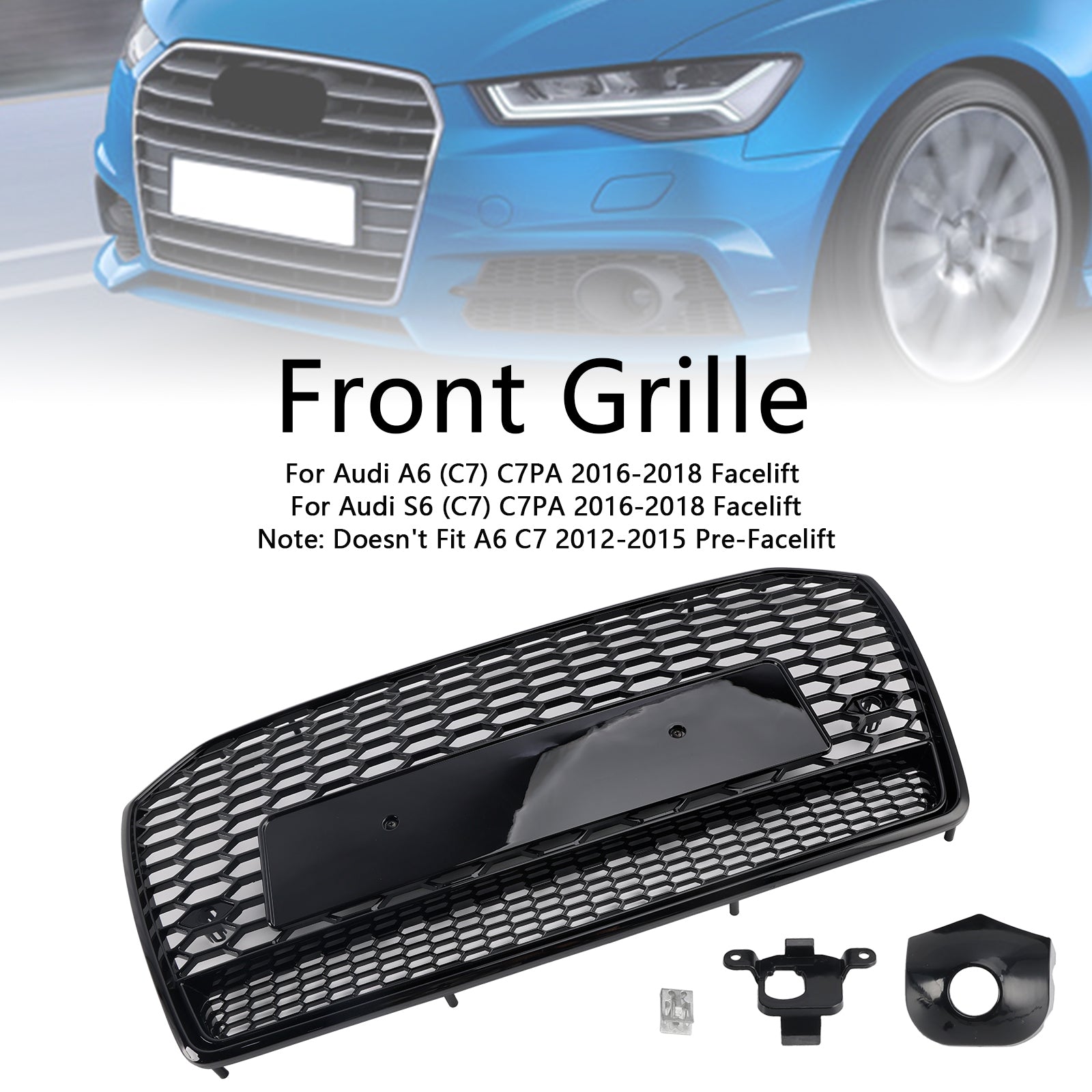 Calandre avant en nid d'abeille style RS6 pour Audi A6 S6 C7 2016-2018, noire