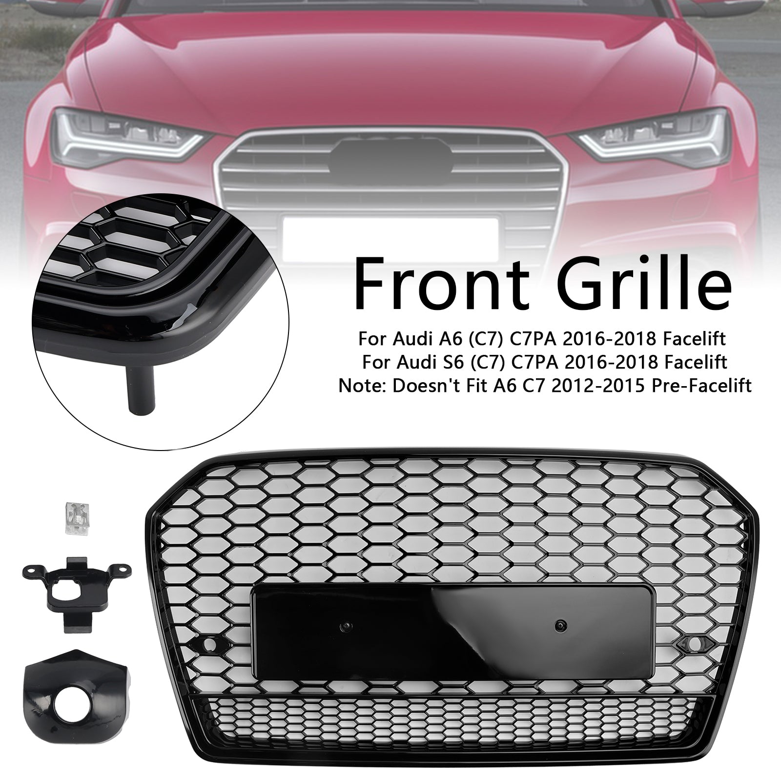 Calandre avant en nid d'abeille style RS6 pour Audi A6 S6 C7 2016-2018, noire