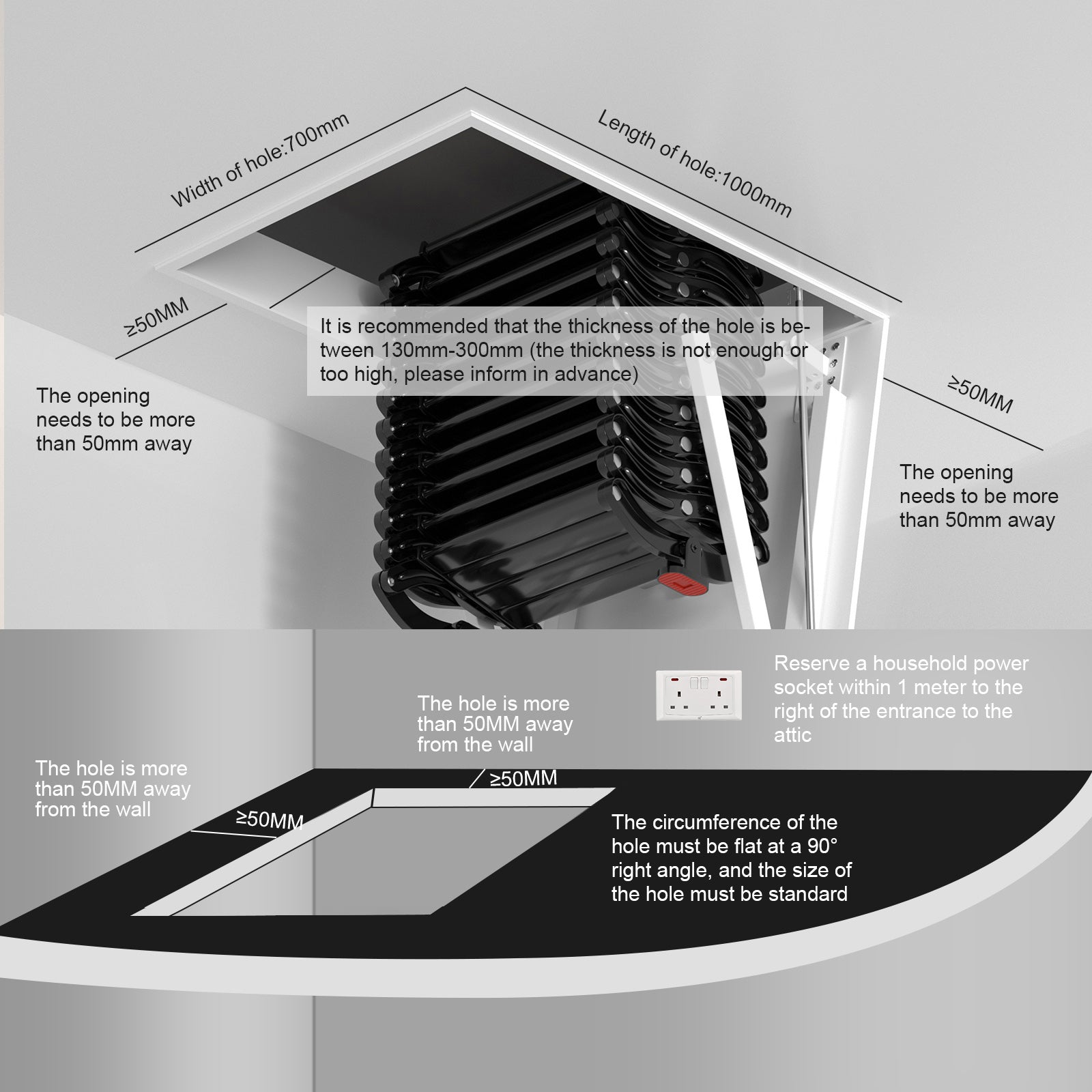 Scala Retrattile Elettrica per Mansarda - 11 Gradini - Indicatore in Alluminio - 290 cm max
