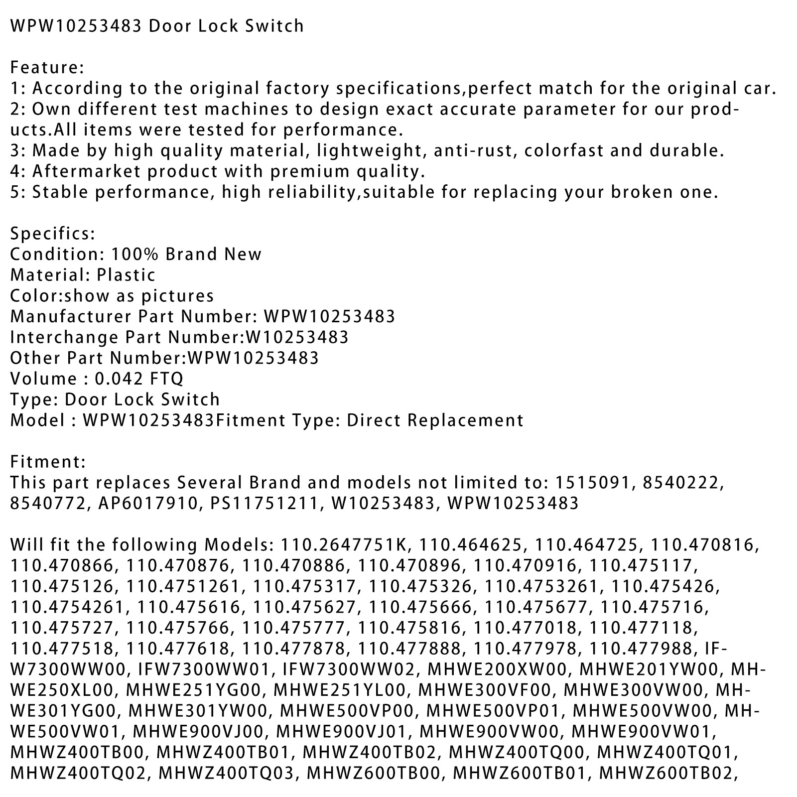 Przełącznik zamka drzwi WPW10253483 dla Whirlpool