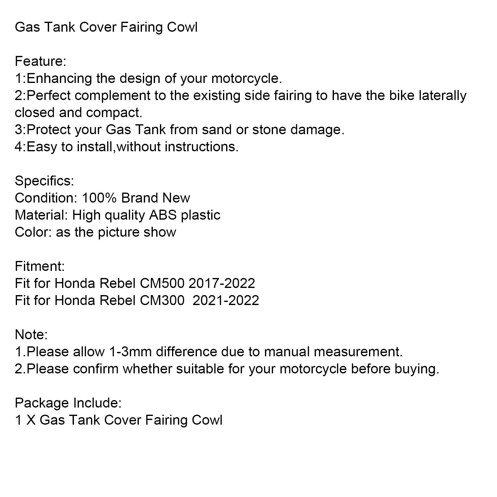 Capot de carénage de garniture de réservoir de gaz pour Honda Rebel CMX300 2021-2022 CMX500 2017-2023 générique