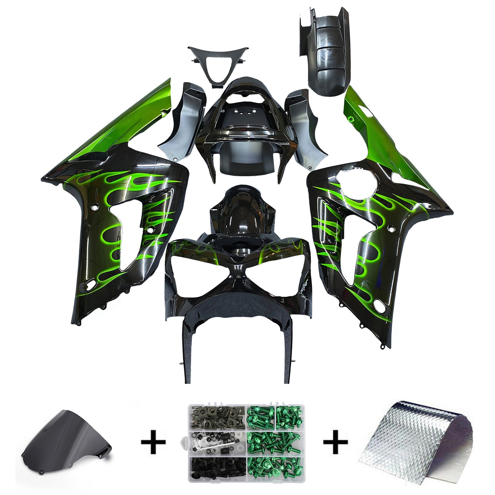 Carénages Amotopart 2003-2004 Kawasaki ZX6R 636 Black &amp; Green Flame Ninja Generic