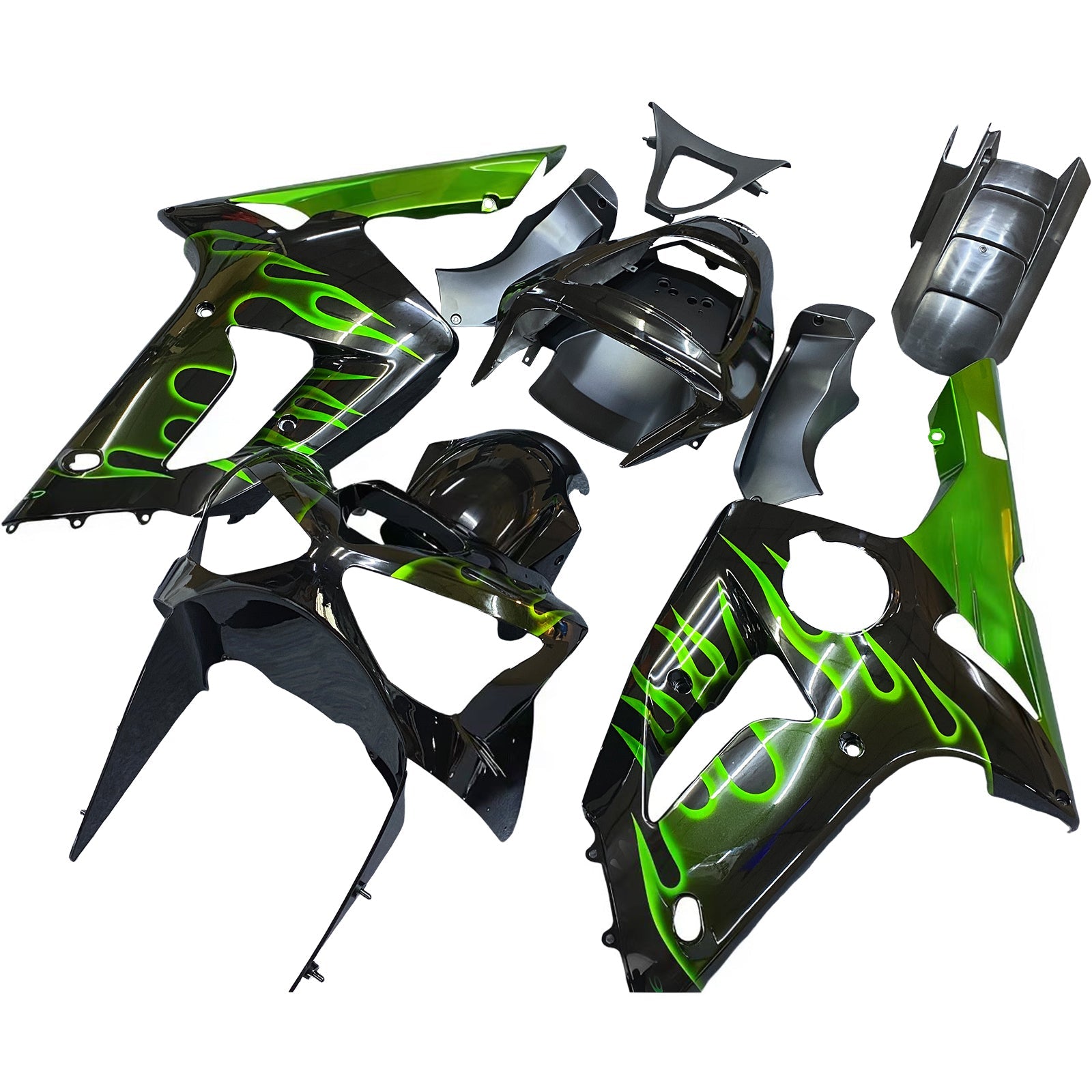 Carénages Amotopart 2003-2004 Kawasaki ZX6R 636 Black &amp; Green Flame Ninja Generic