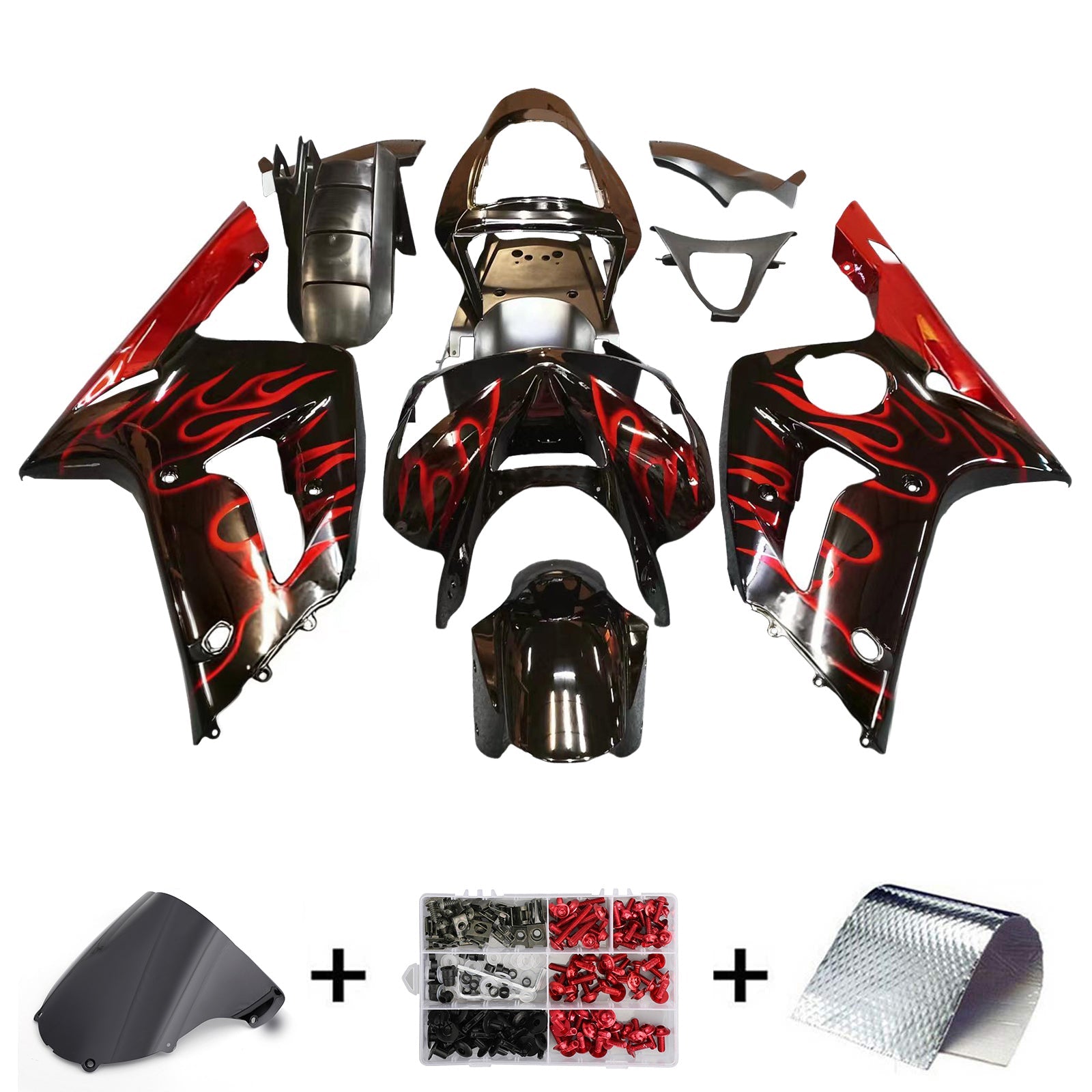Carénages Amotopart 2003-2004 Kawasaki ZX6R 636 Black &amp; Red Flame ZX6R Generic