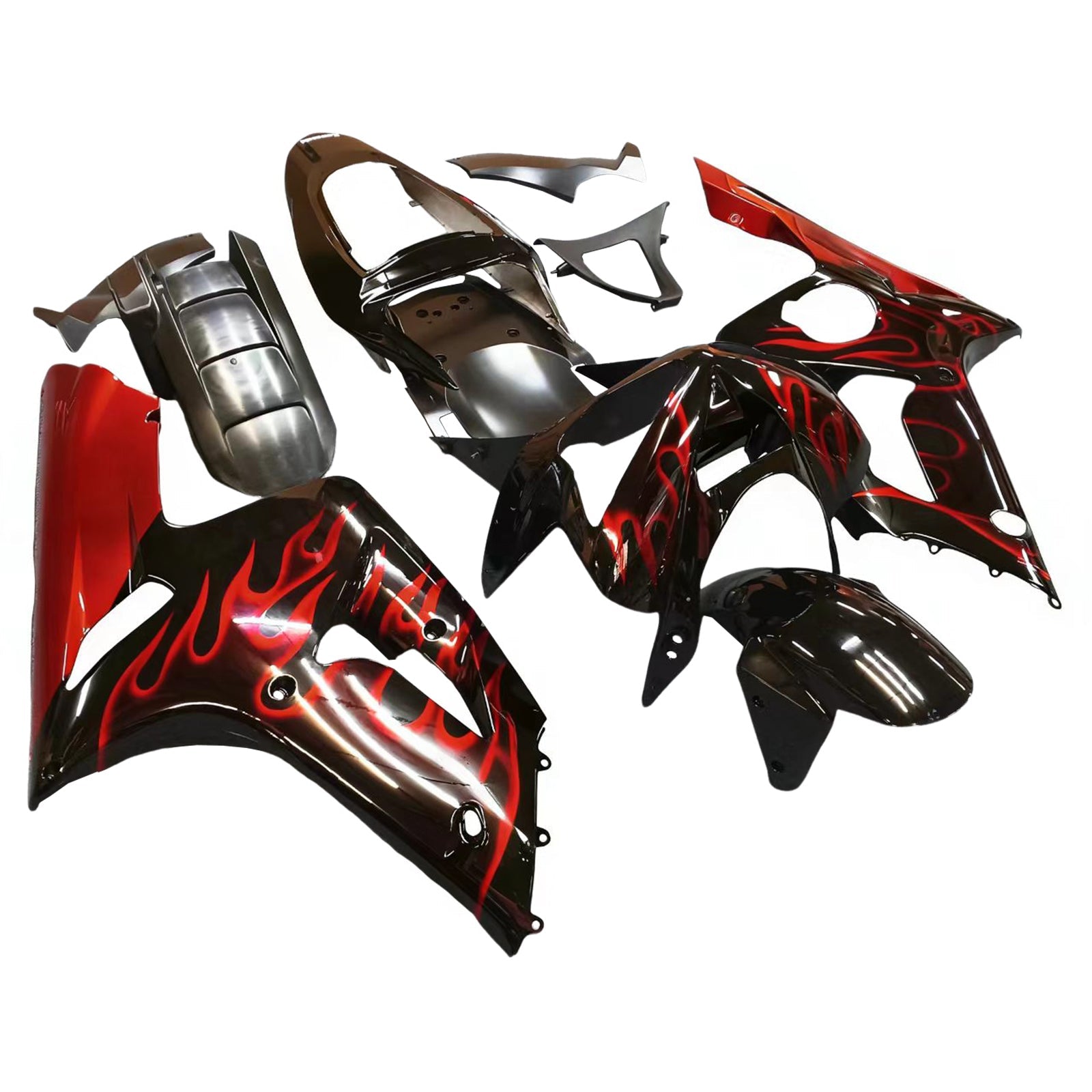 Carénages Amotopart 2003-2004 Kawasaki ZX6R 636 Black &amp; Red Flame ZX6R Generic
