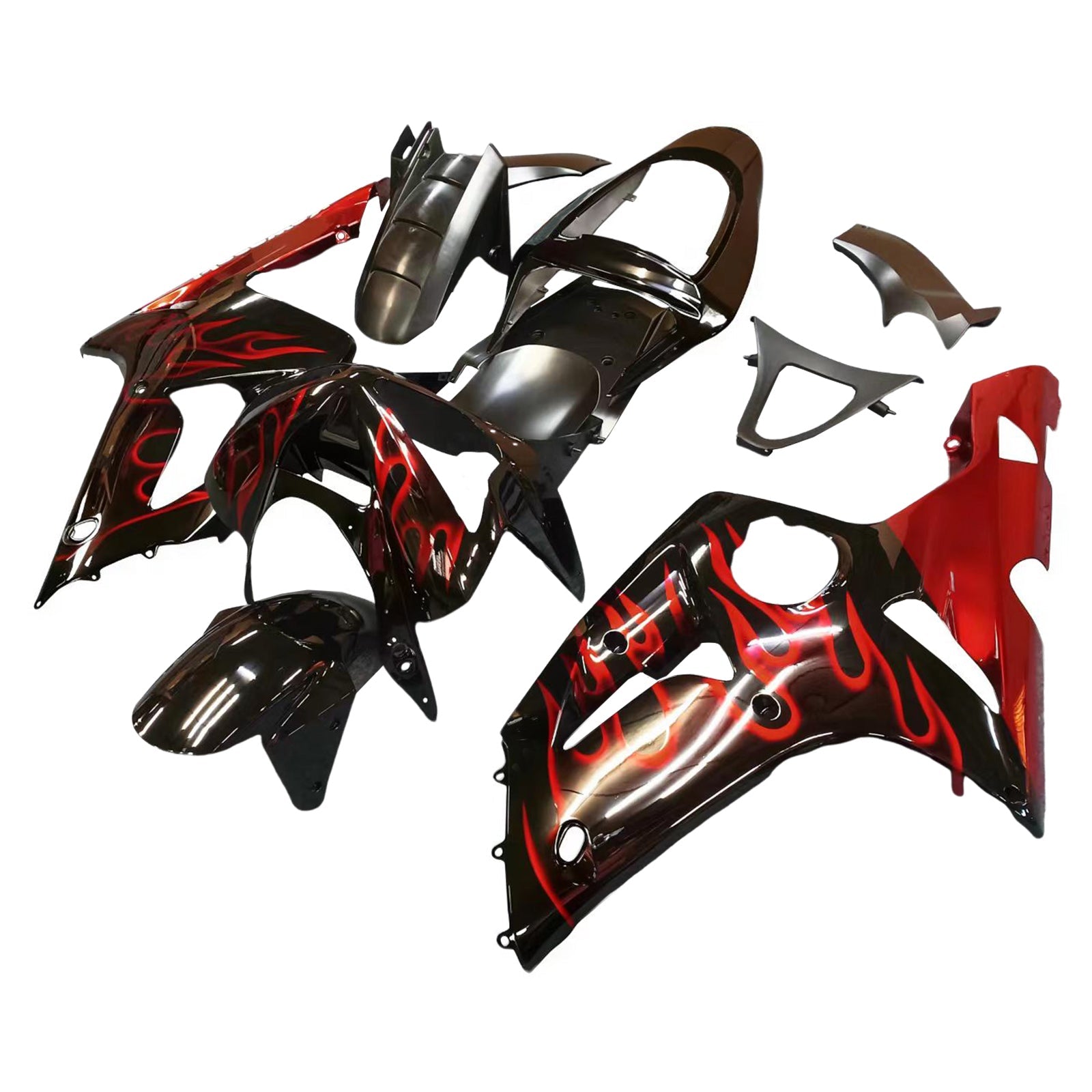 Carénages Amotopart 2003-2004 Kawasaki ZX6R 636 Black &amp; Red Flame ZX6R Generic
