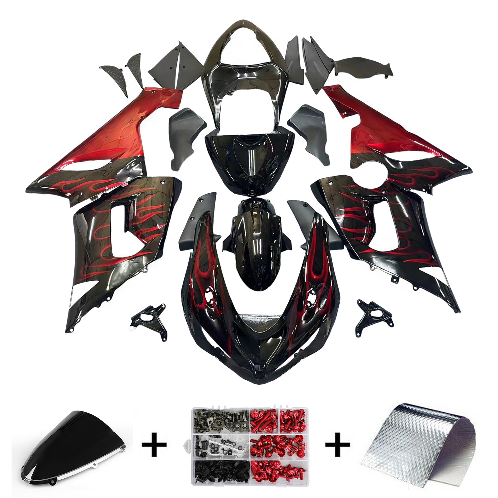 Carénages Amotopart 2005-2006 Kawasaki ZX6R 636 Black &amp; Red Flame Ninja Generic