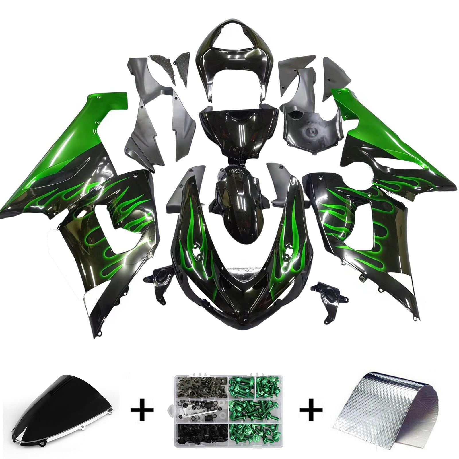 Carénages Amotopart 2005-2006 Kawasaki ZX6R 636 Black &amp; Green Flame Ninja Generic