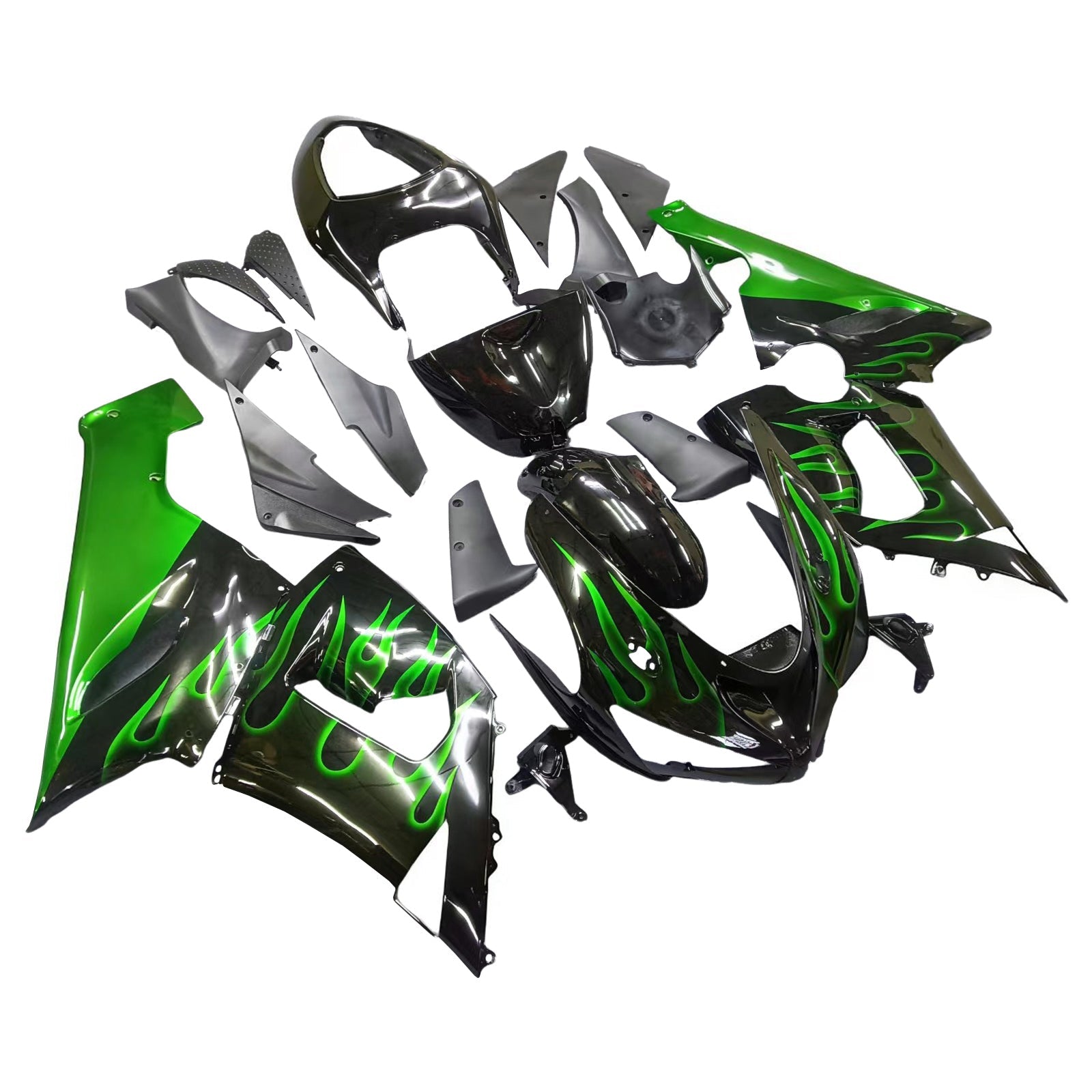 Carénages Amotopart 2005-2006 Kawasaki ZX6R 636 Black &amp; Green Flame Ninja Generic