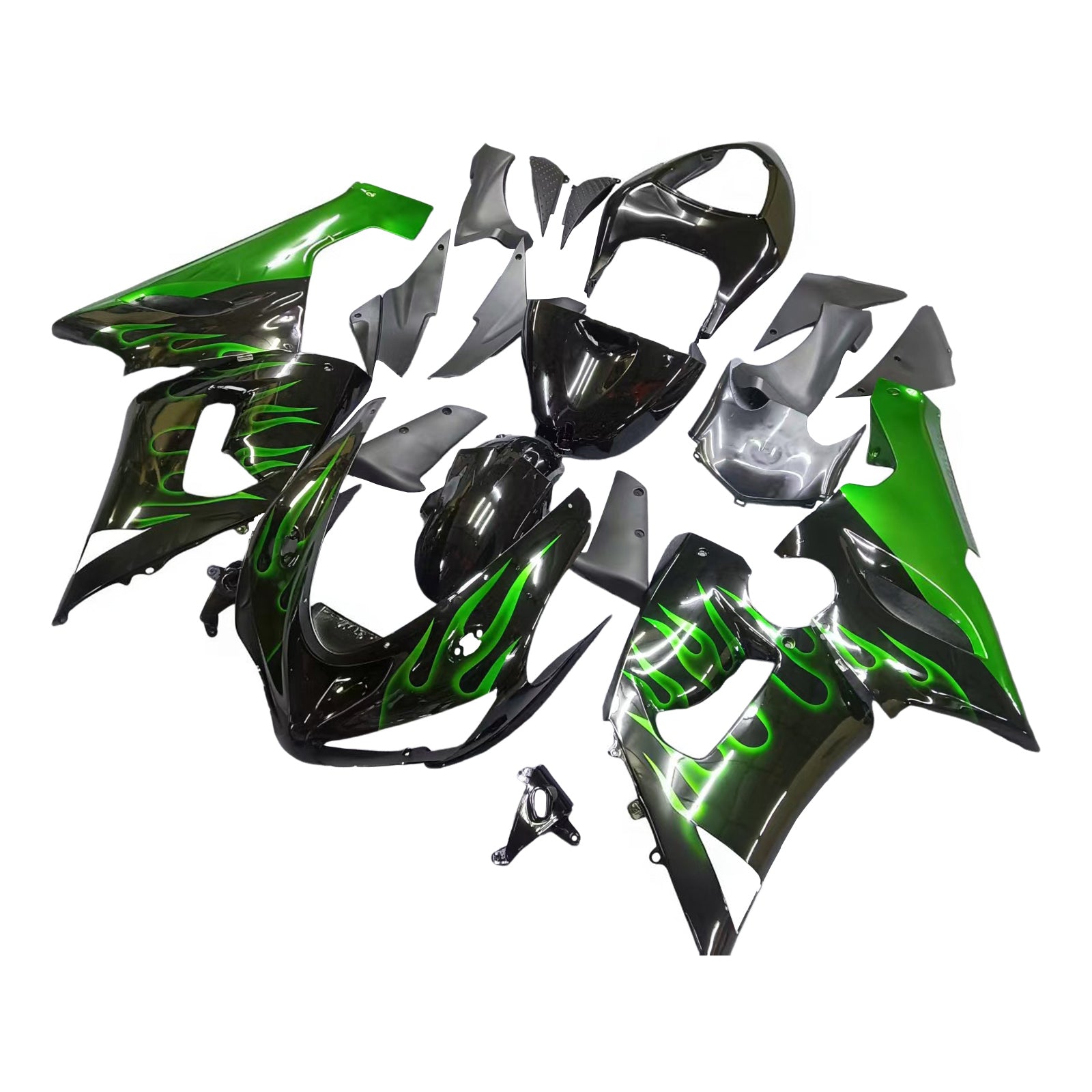 Carénages Amotopart 2005-2006 Kawasaki ZX6R 636 Black &amp; Green Flame Ninja Generic
