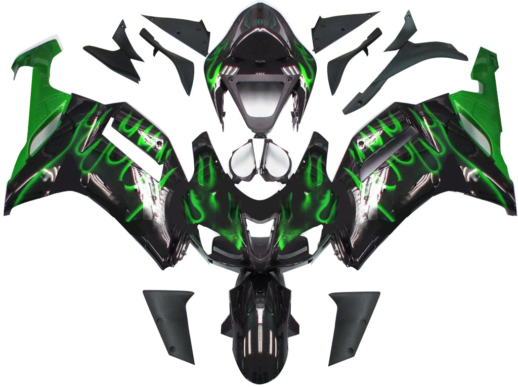 Carénages Amotopart 2007-2008 Kawasaki ZX6R ZX636 Black &amp; Green Flame Ninja Generic