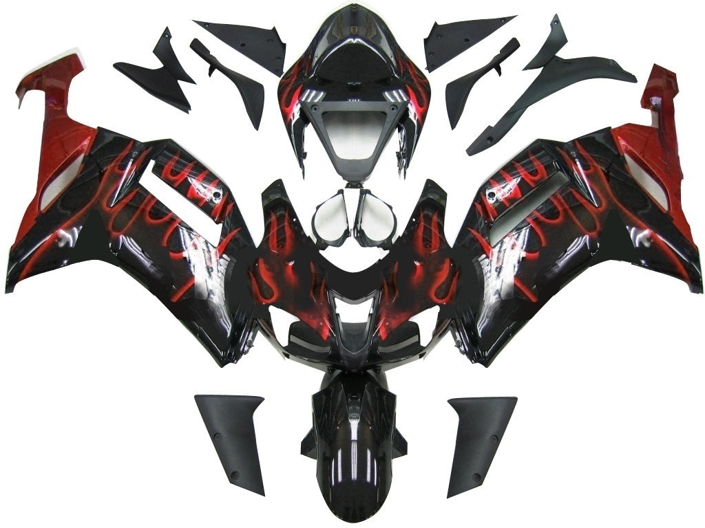 Amotopart stroomlijnkappen 2007-2008 Kawasaki ZX6R ZX636 zwart en rood gevlamd Ninja ZX6R generiek