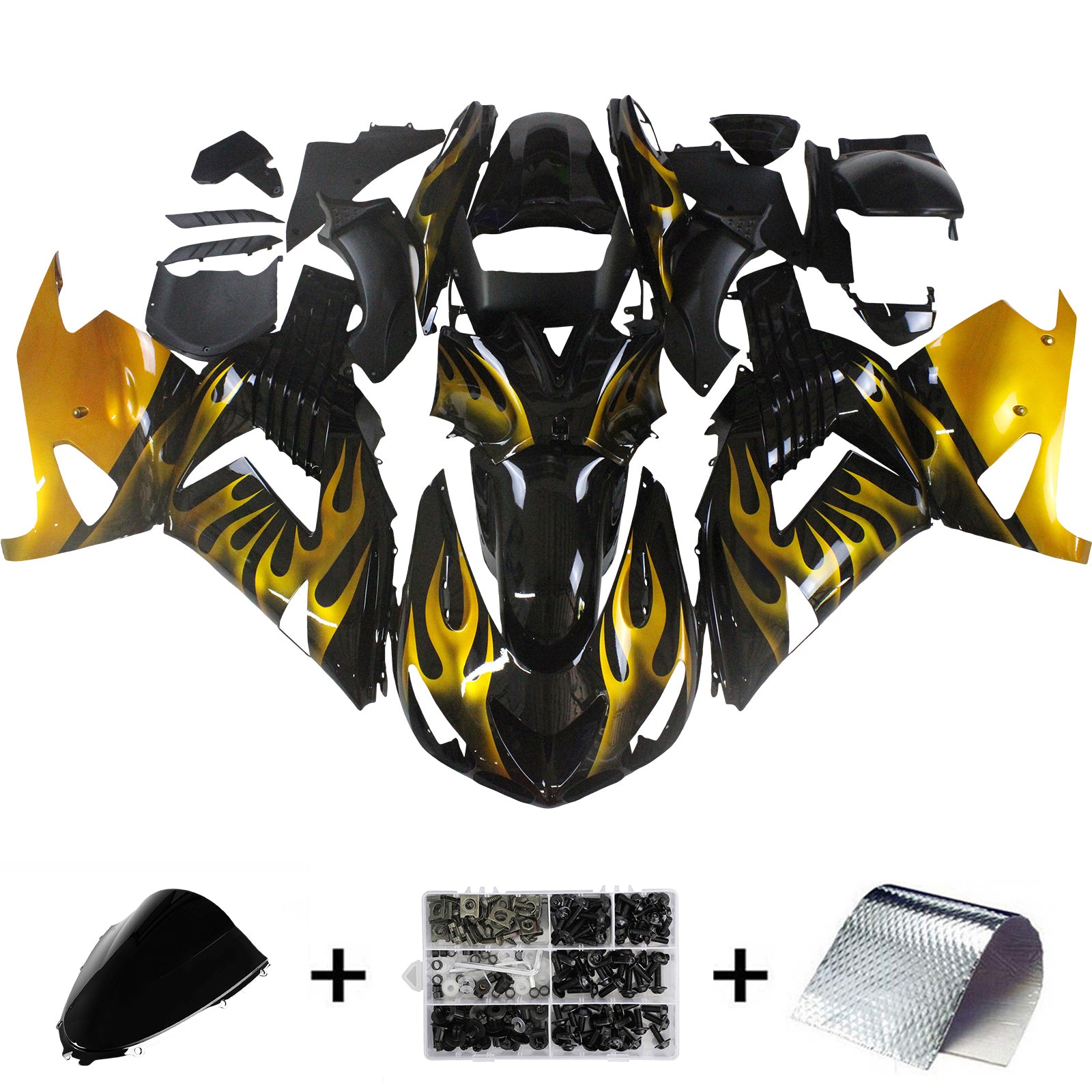 Amotopart pour Ninja ZX14R 2006-2011 noir et or flamme carrosserie carénage ABS moulé par Injection plastique ensemble 6 # générique
