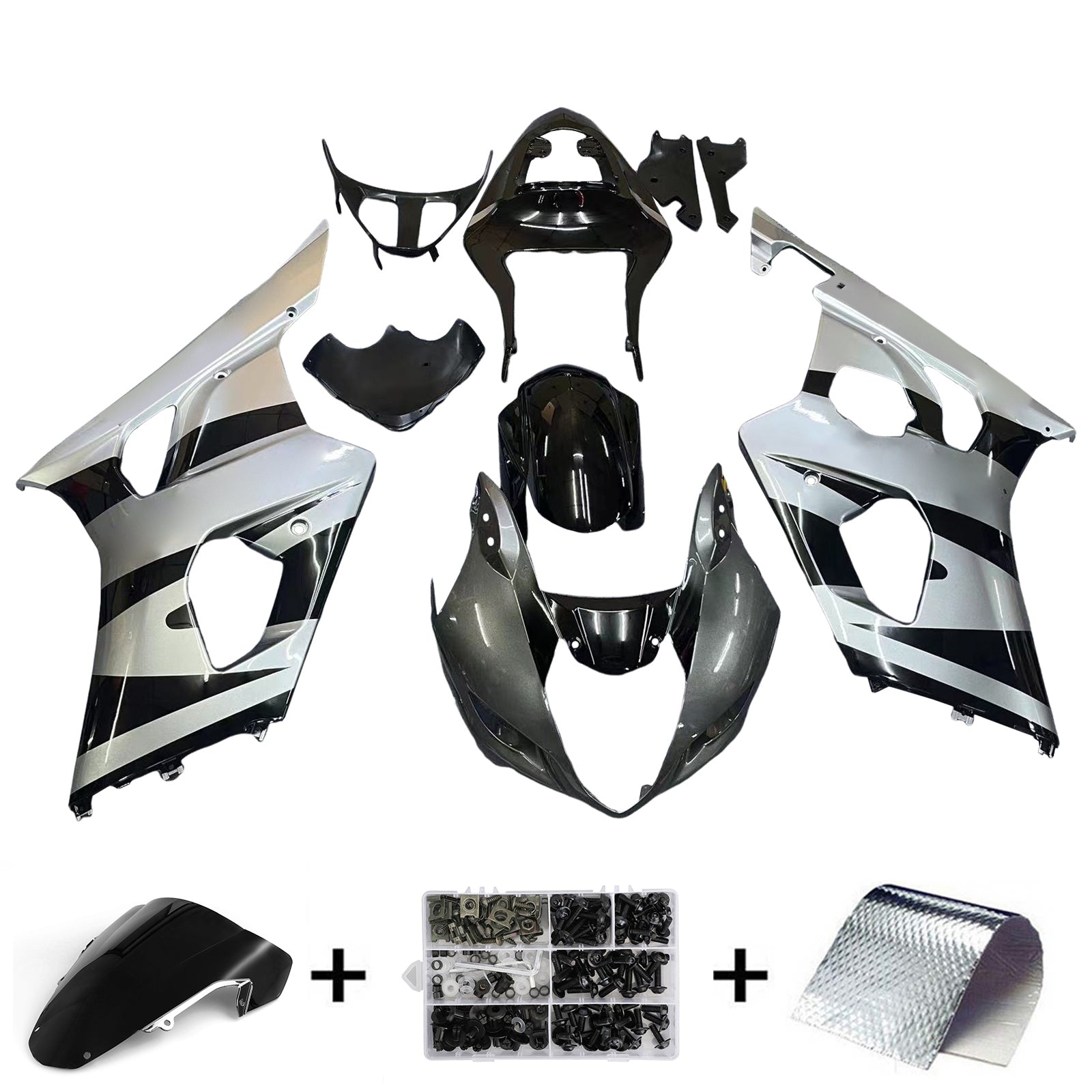 Amotopart Carénages 2003-2004 Suzuki GSXR 1000 Argent &amp; Noir GSXR Generic