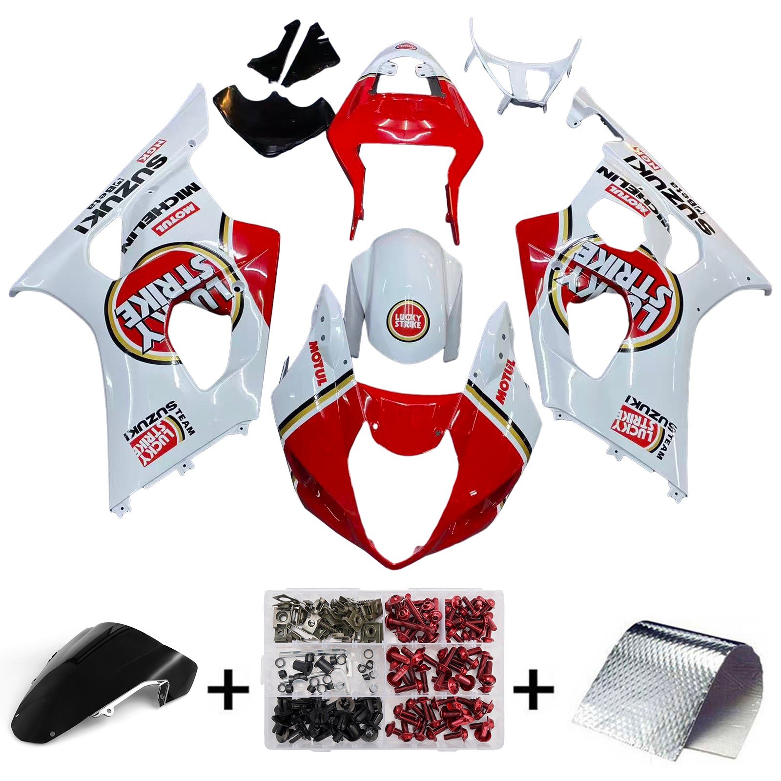 Amotopart stroomlijnkappen 2003-2004 Suzuki GSXR 1000 wit en rood Lucky Strike generiek