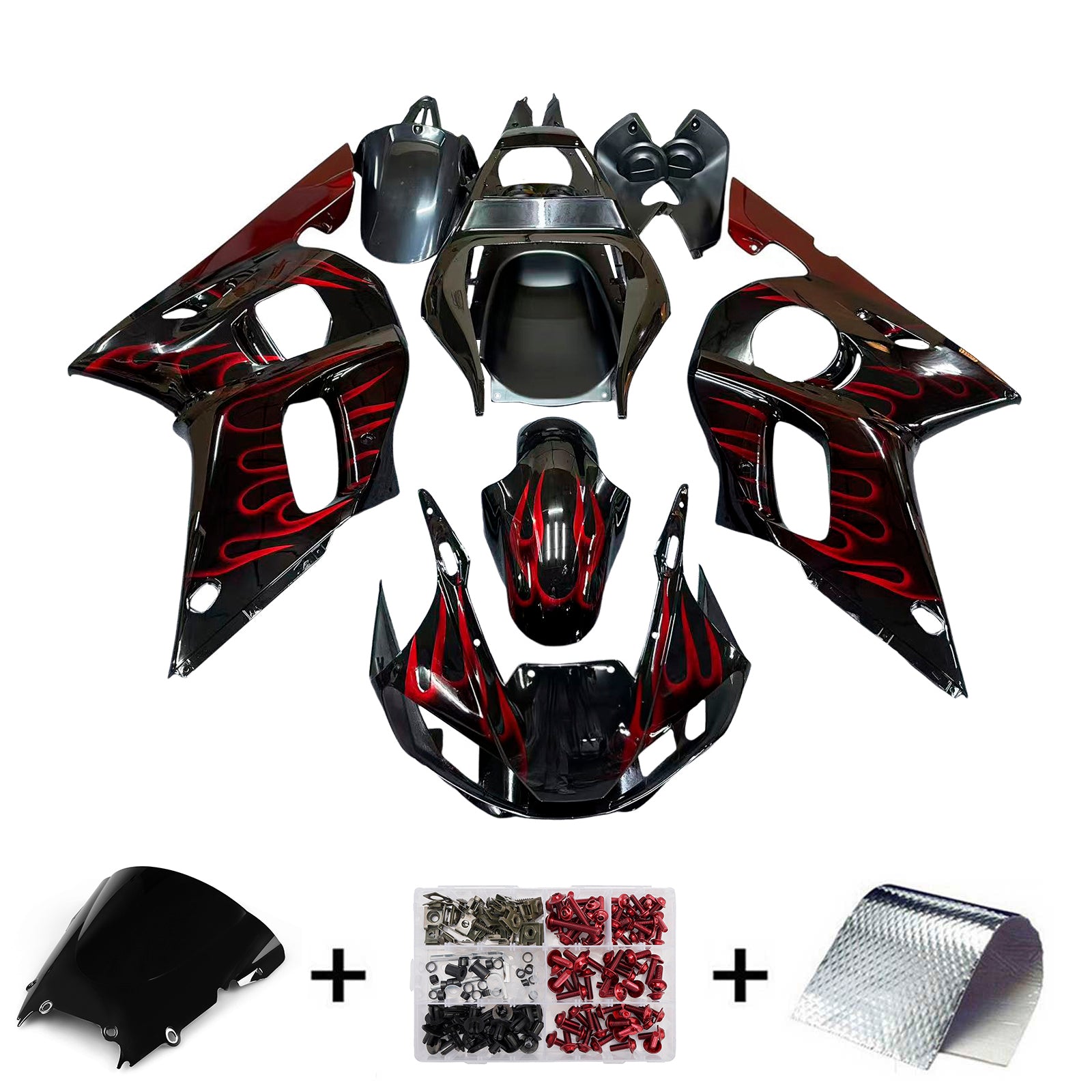 Amotopart Fairingsr 1998-2002 Yamaha YZF-R6 Black &amp; Red Flame R6 Generic