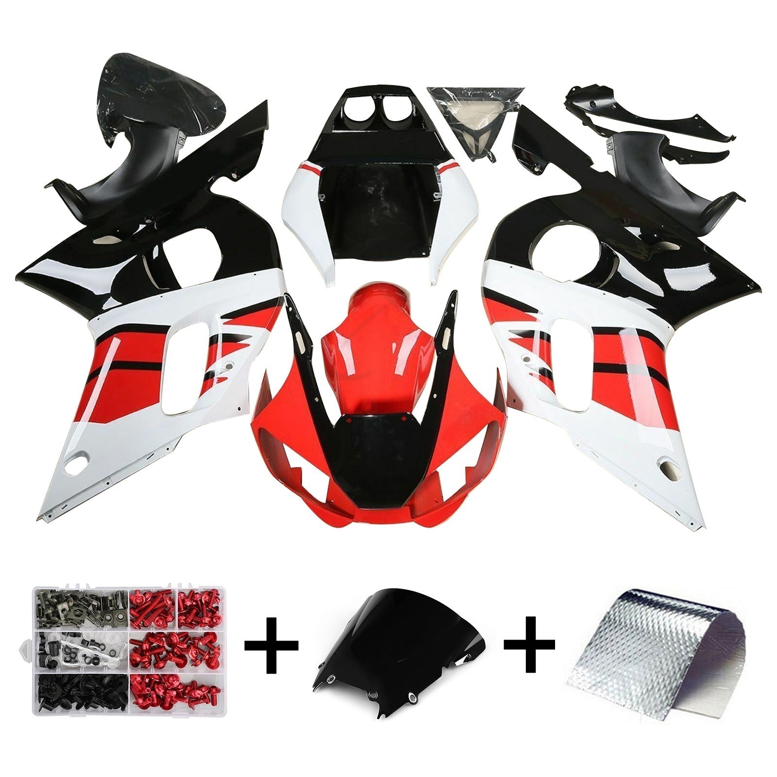Amotopart Kit de carénage pour YAMAHA YZF R6 1998-2002 2001 2000 Rouge Blanc Noir Générique
