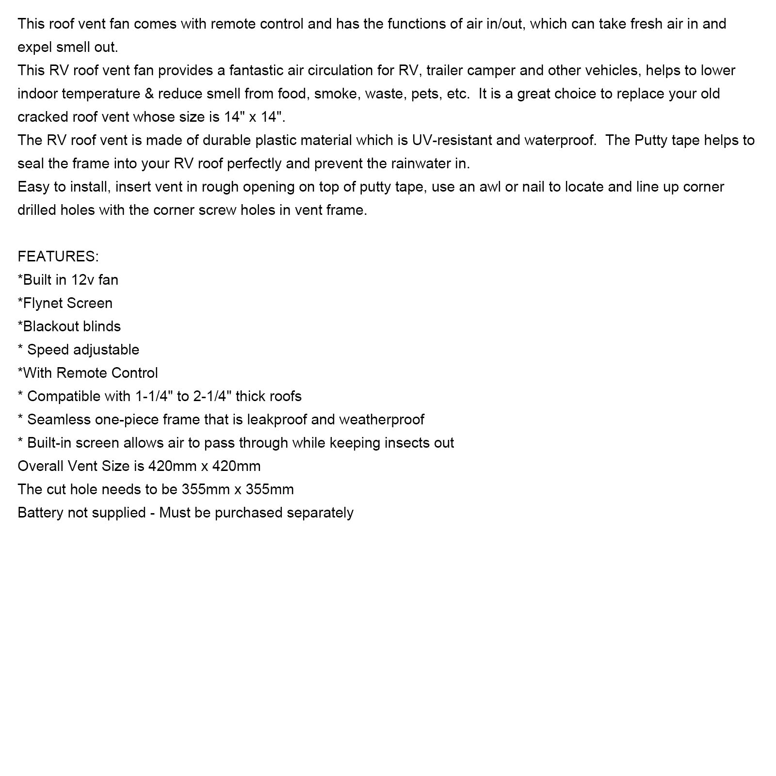 14" Przyczepa kempingowa Skylight Tit Event zdalnie sterowany wentylator do kampera