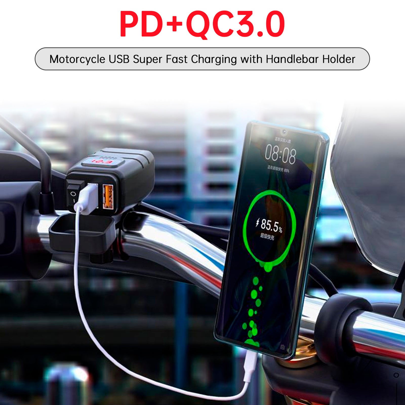 USB polnilnik USB za krmilo za motorna kolesa, adapter PDP+QC3.0 Tip C
