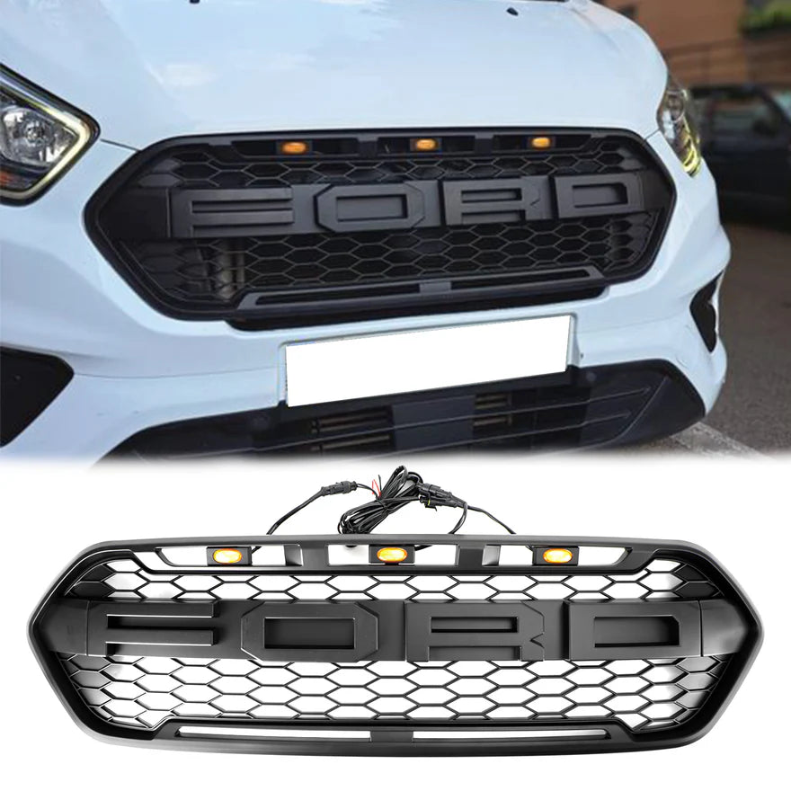 Matzwarte voorbumpergrille voor Ford Transit Custom Trail 2018-2023 met 3LED