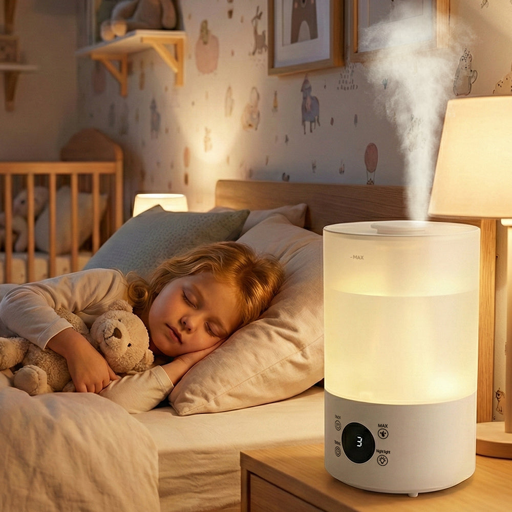 4L luchtbevochtiger voor slaapkamer, baby en planten, stil, met 360° mondstuk, automatische uitschakeling en gekleurd licht.