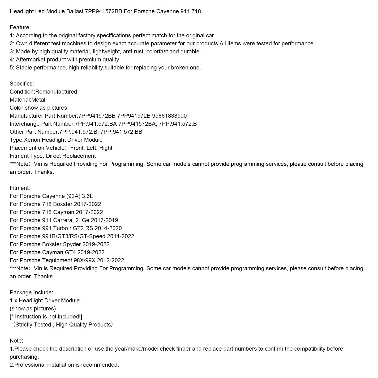 Moduł statecznika LED reflektora do Porsche 991R/GT3/RS/GT-Speed ​​​​(2014-2022) 7PP941572BB 95861838500