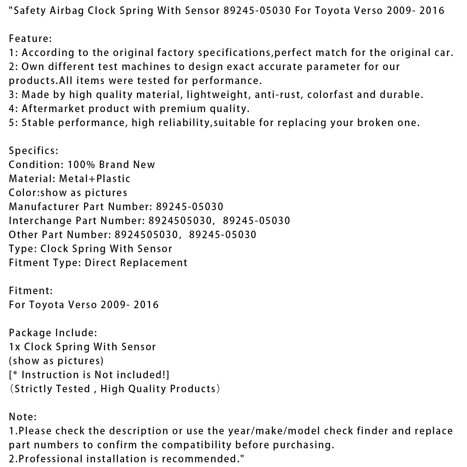 Palautusjousi' Turvatyyny anturilla 89245-05030 Toyota Versoon 2009-2016