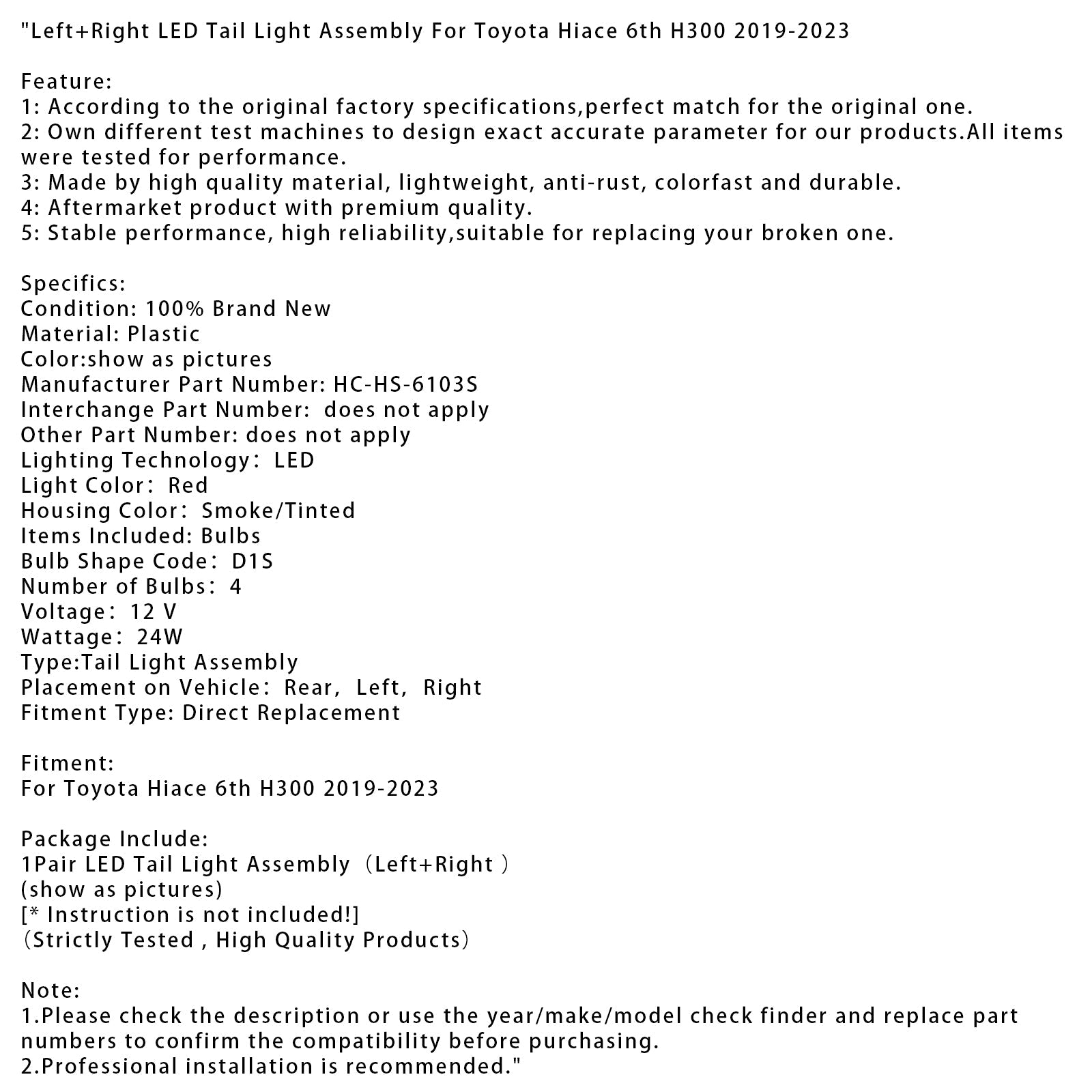 Links en rechts LED-achterlichtmontage voor Toyota Hiace 6e H300 2019-2023