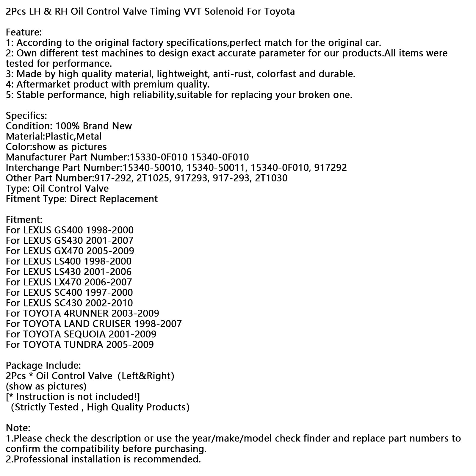 Set di 2 elettrovalvole di controllo'olio VVT sinistro e destro per Toyota