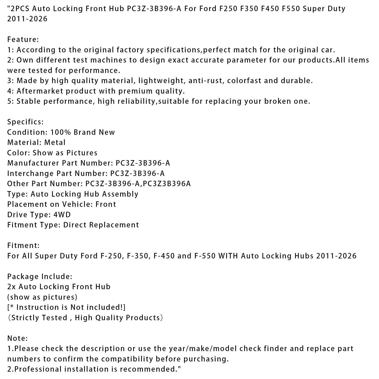 Itselukittuva etunapa (2 kpl) Ford F250, F350, F450 ja F550 Super Duty (2011-2026) -malleihin