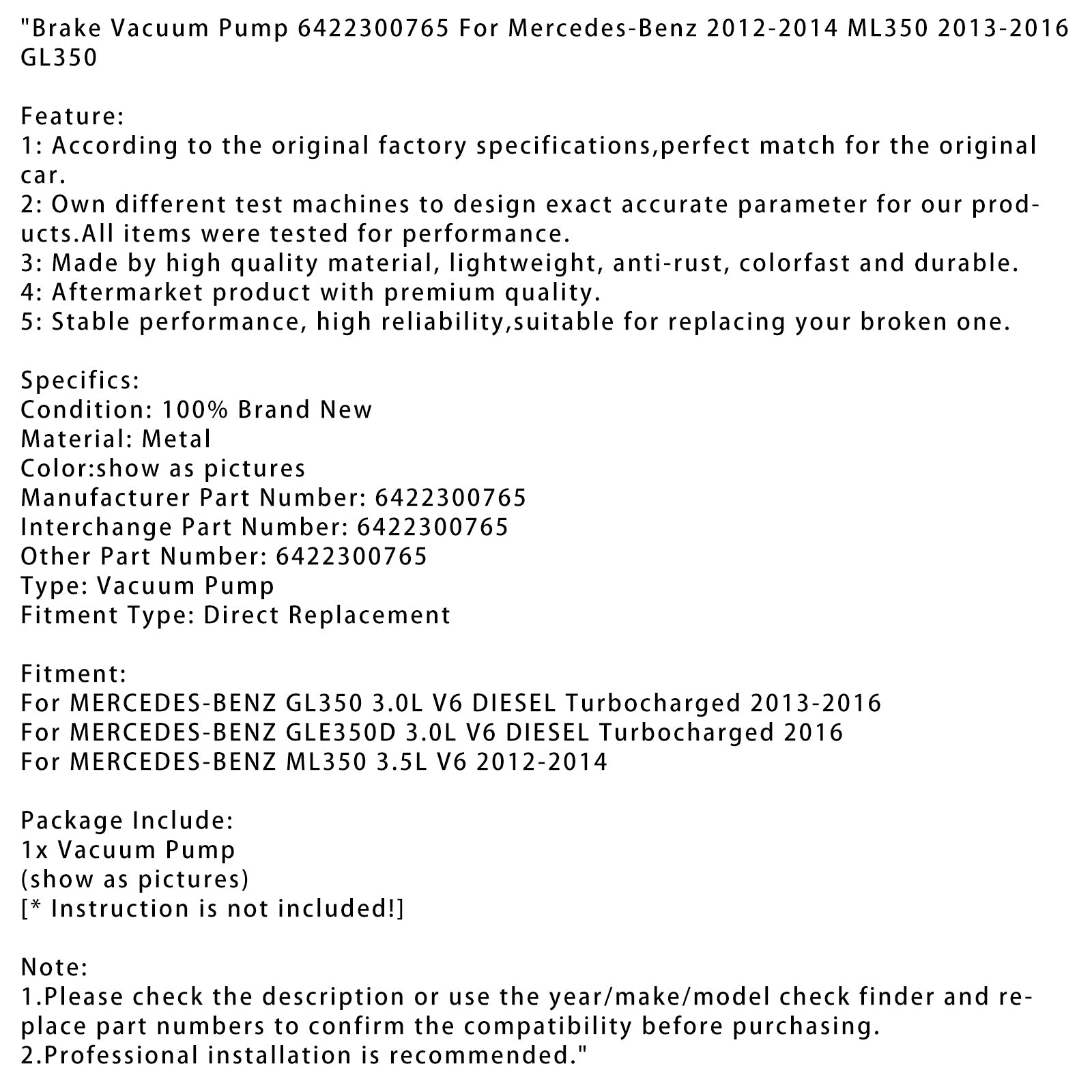 Remvacuümpomp met turbocompressor MERCEDES-BENZ GLE350D 3.0L V6 DIESEL 2016 6422300765