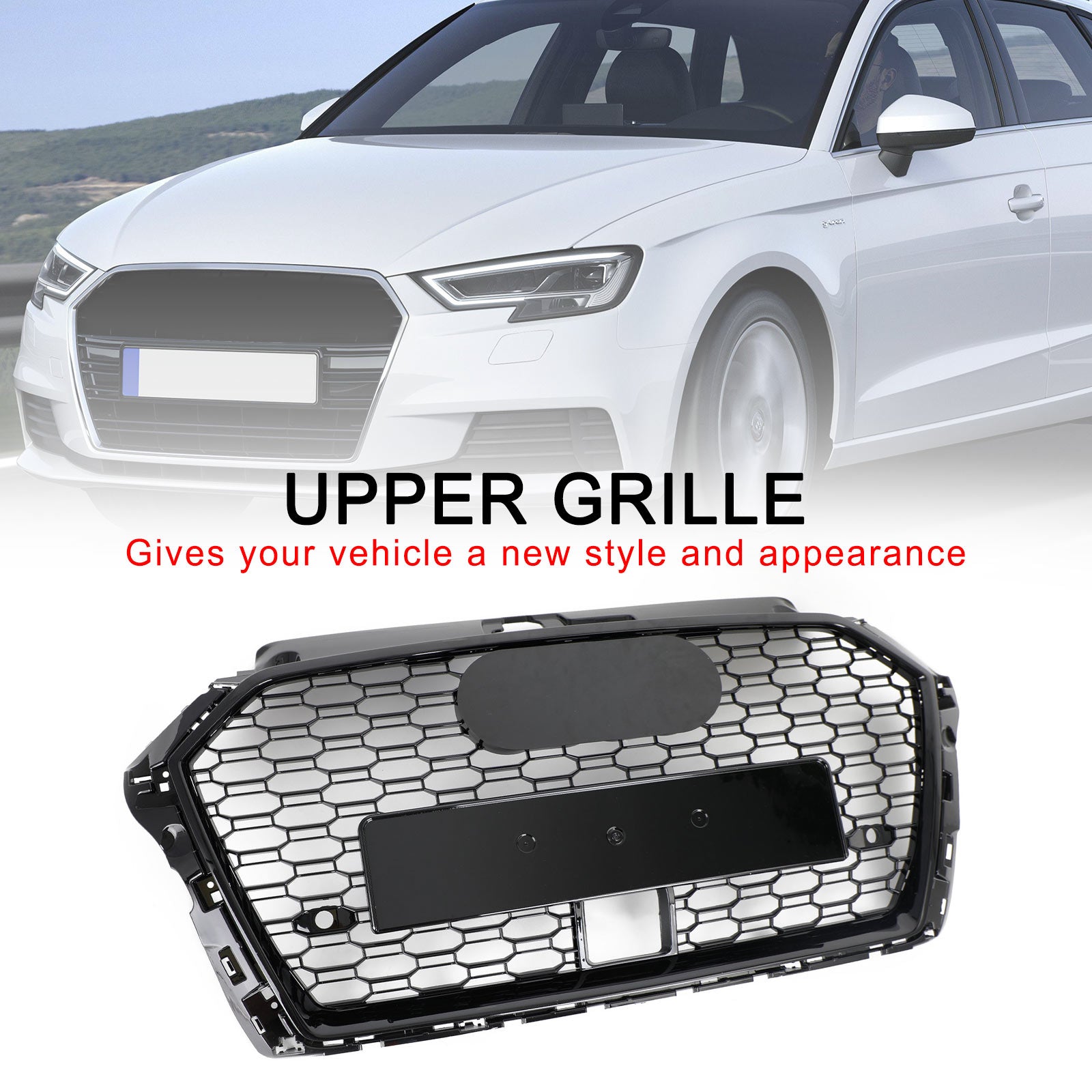 RS3 Style Honeycomb Front Grille Fit Audi A3 S3 2017-2019 With ACC Gloss Black