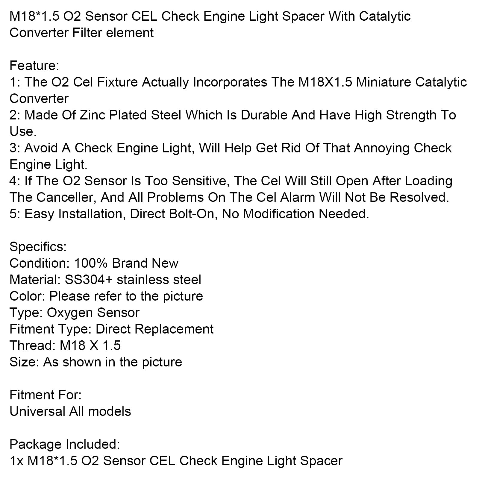 Sensor d'O2 M18*1.5 CEL, afstandhouder voor motorcontrolelampje met filterelement voor katalysator