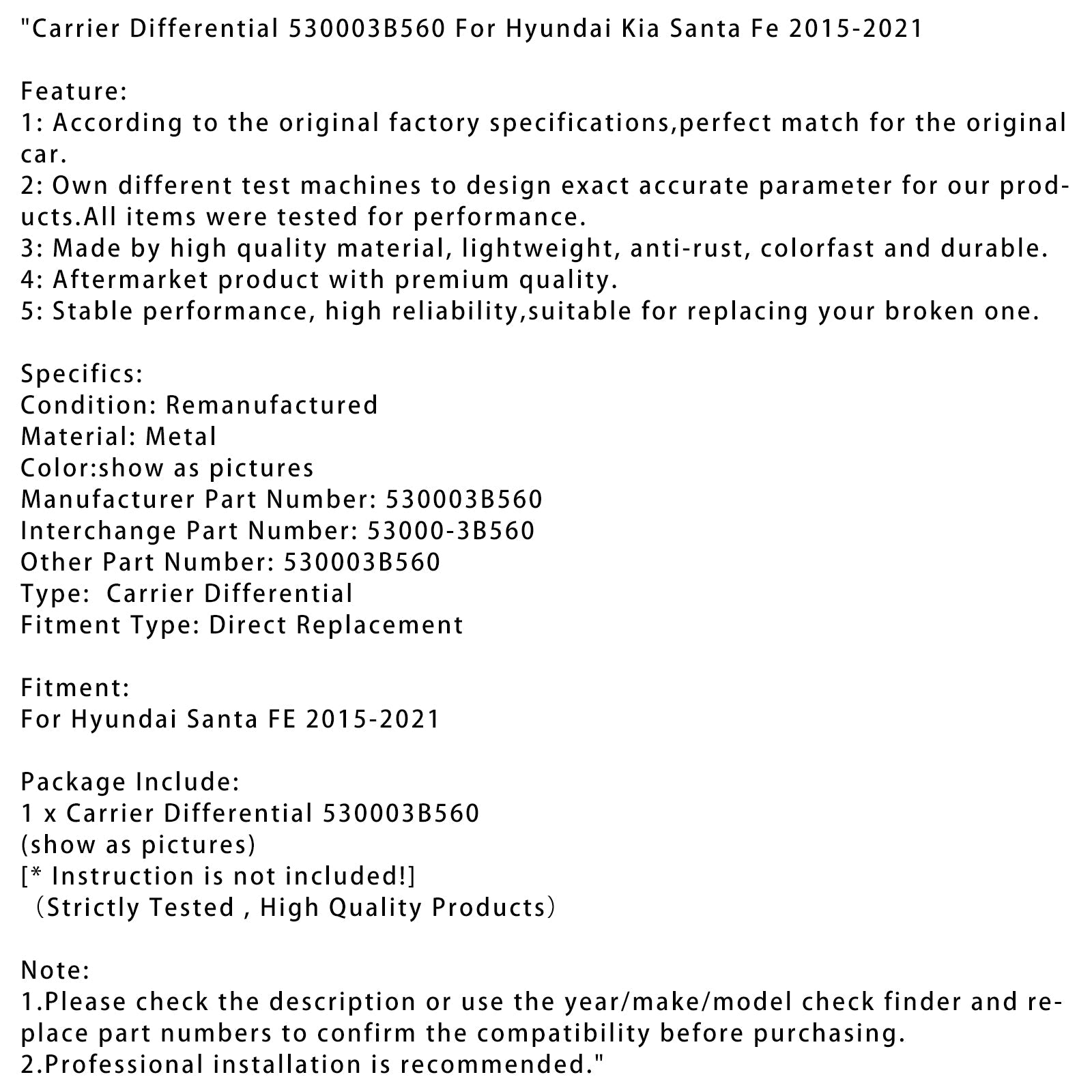 Différentiel porteur Hyundai Kia Santa Fe 2015-2021 530003B560